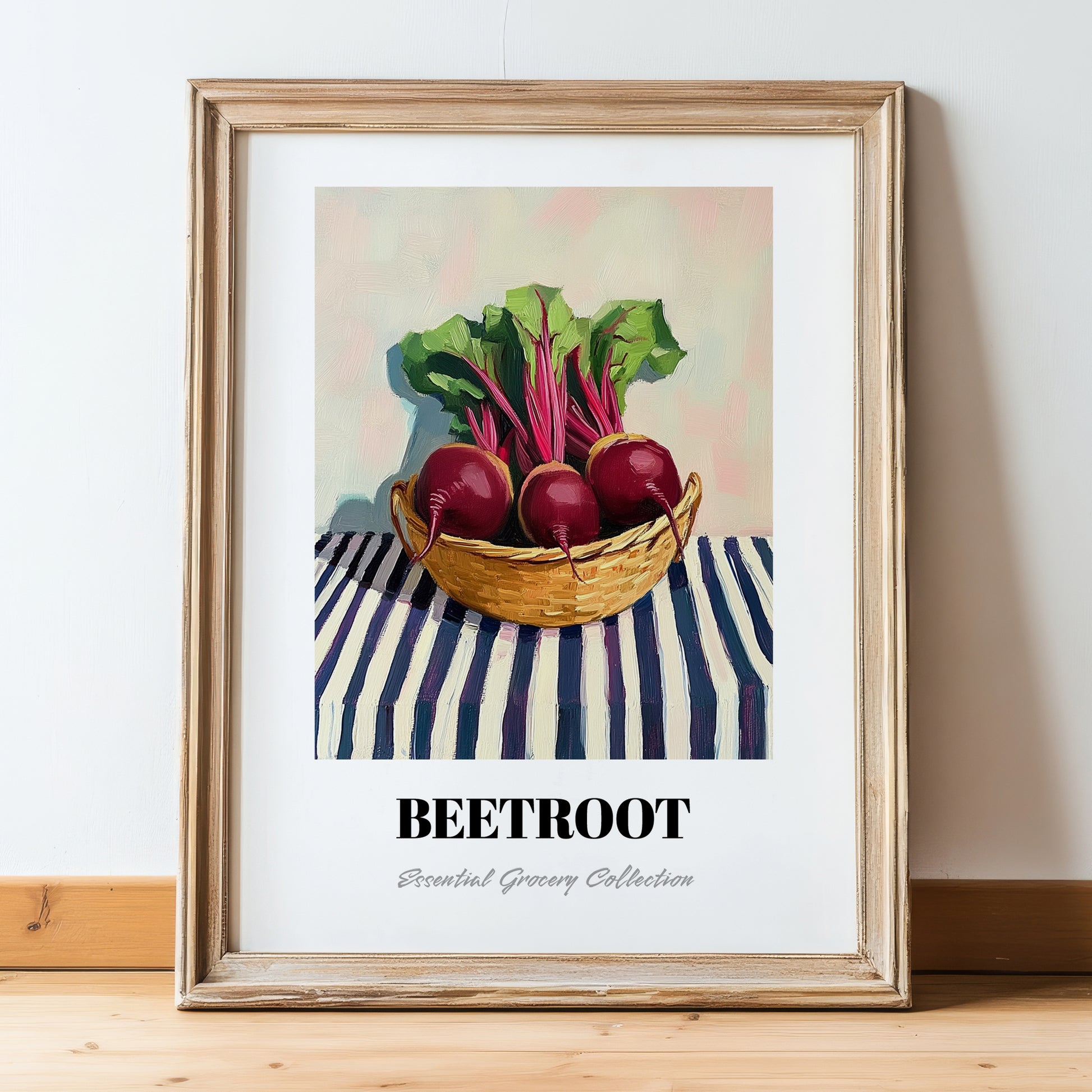 Beetroot – on Striped Tablecloth, Vegetable Poster, in wooden frame leaning on the floor