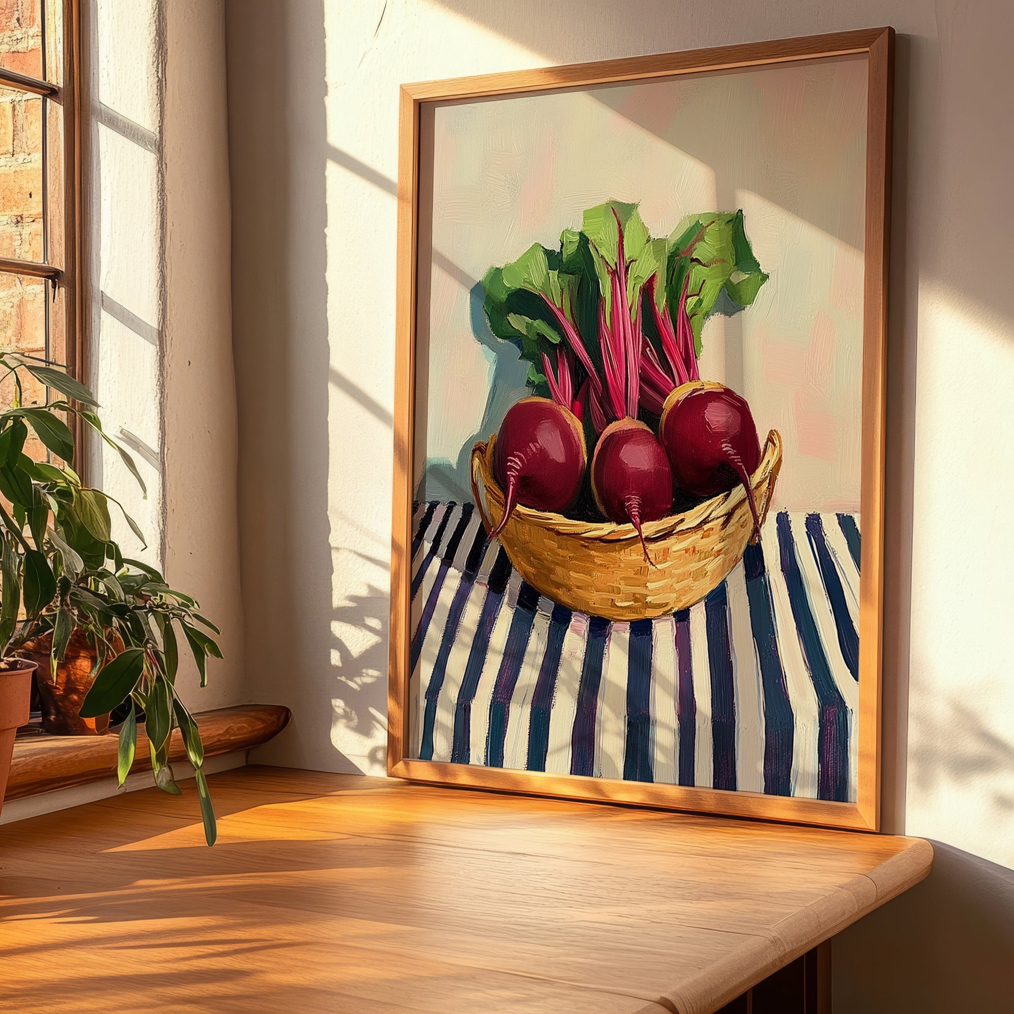 Beetroot – on Striped Tablecloth, Vegetable Poster, clean layout with no caption