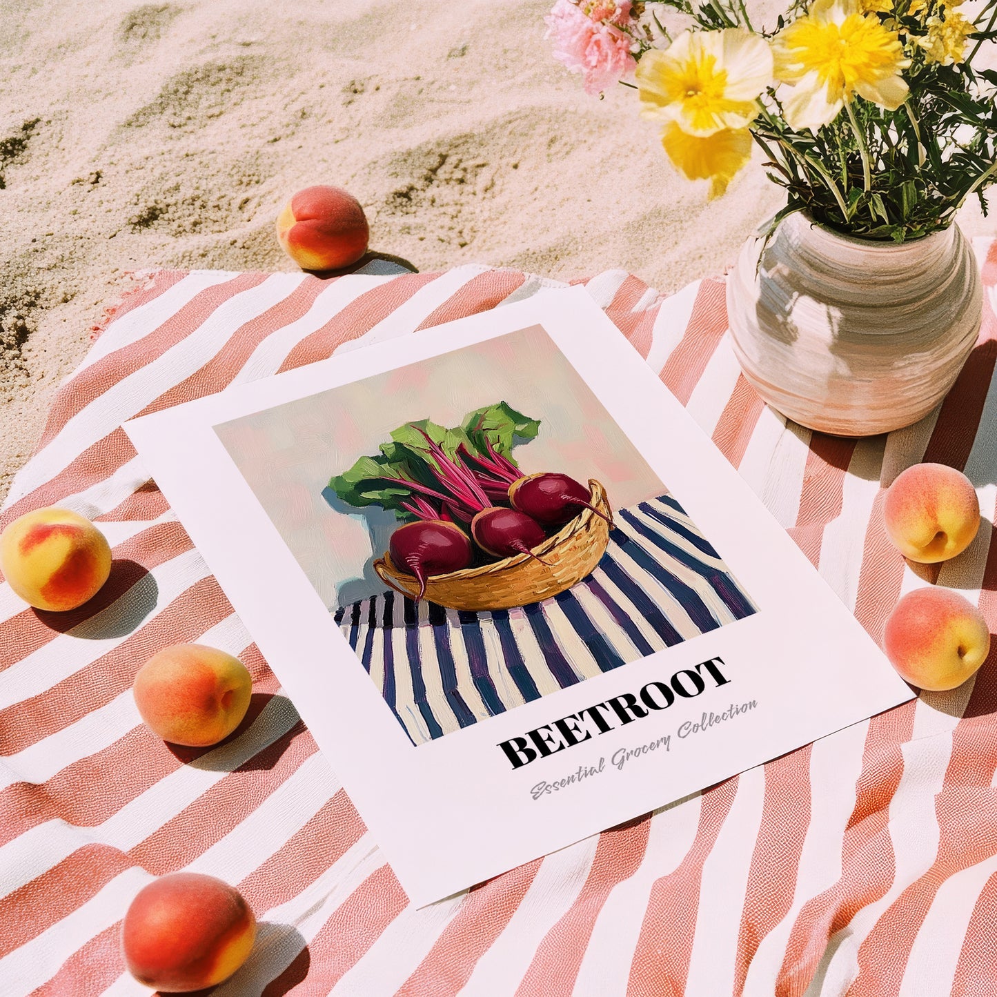 Beetroot – on Striped Tablecloth, Vegetable Poster, unframed on coastal sand