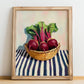 Beetroot – on Striped Tablecloth, Vegetable Poster, no-text version framed in wood