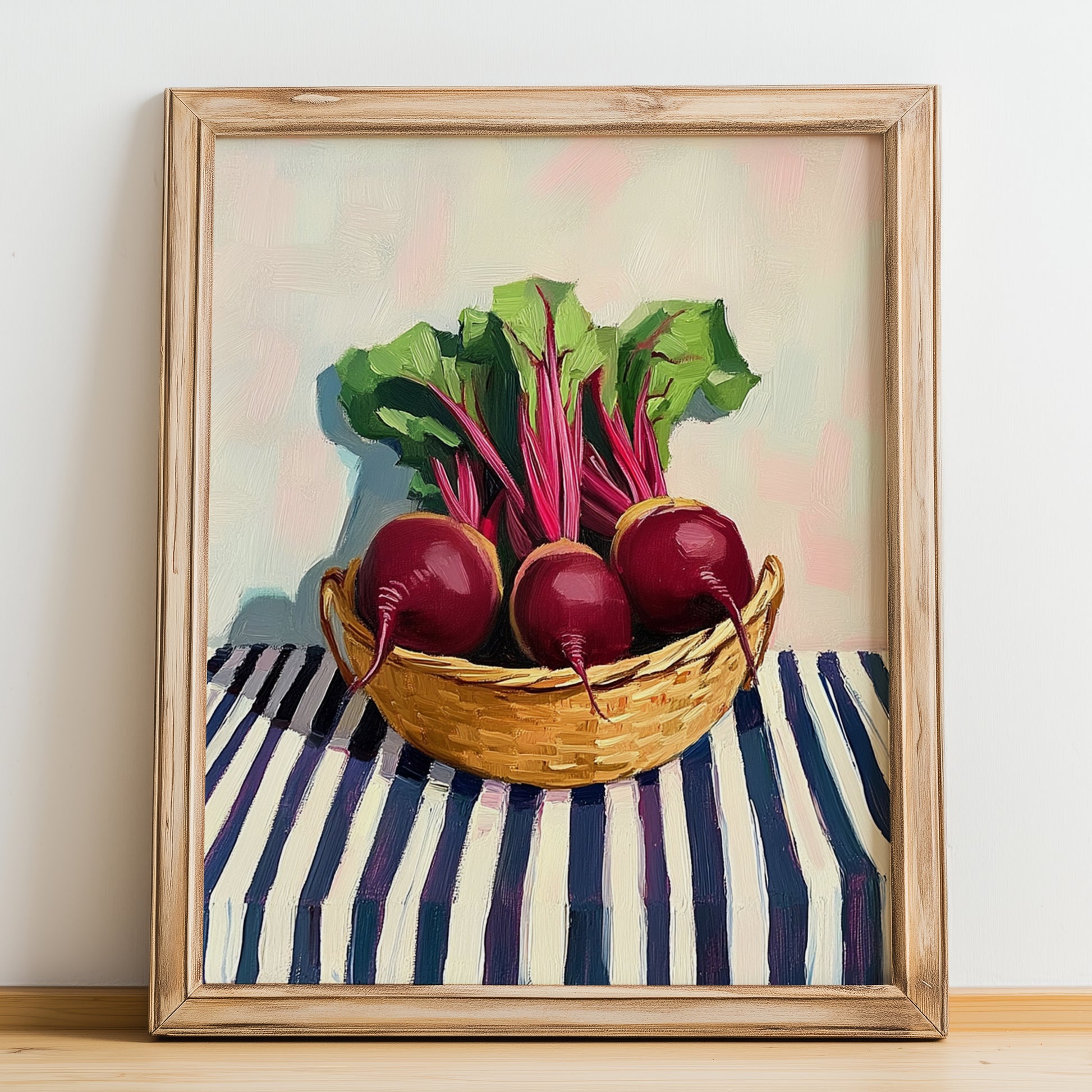 Beetroot – on Striped Tablecloth, Vegetable Poster, no-text version framed in wood