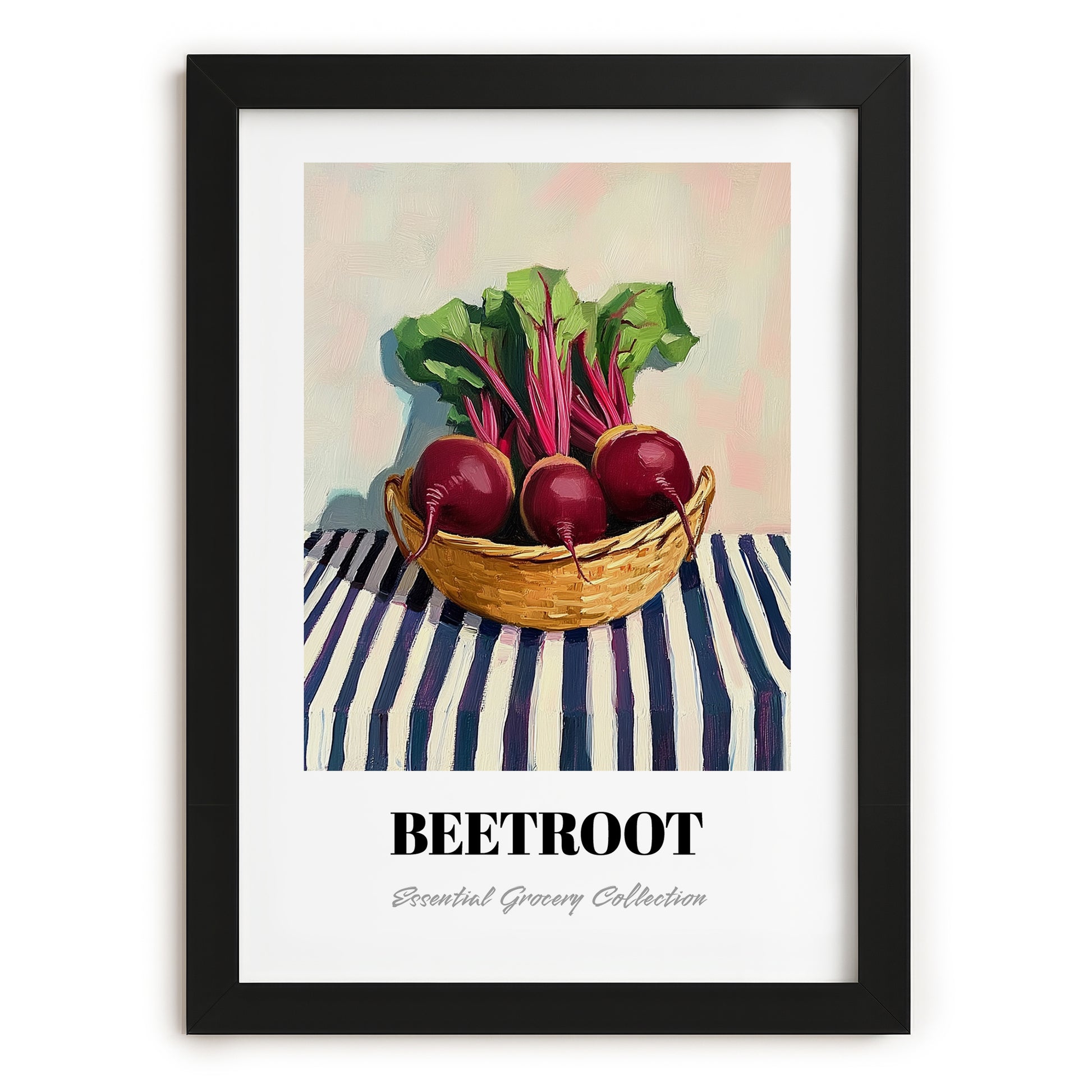 Beetroot – on Striped Tablecloth, Vegetable Poster, in sleek black frame