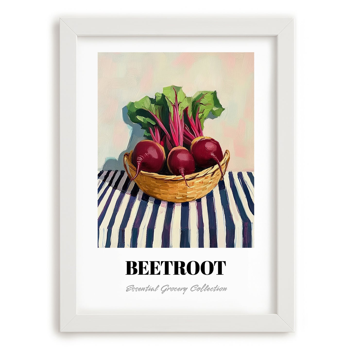 Beetroot – on Striped Tablecloth, Vegetable Poster, placed in minimal white frame