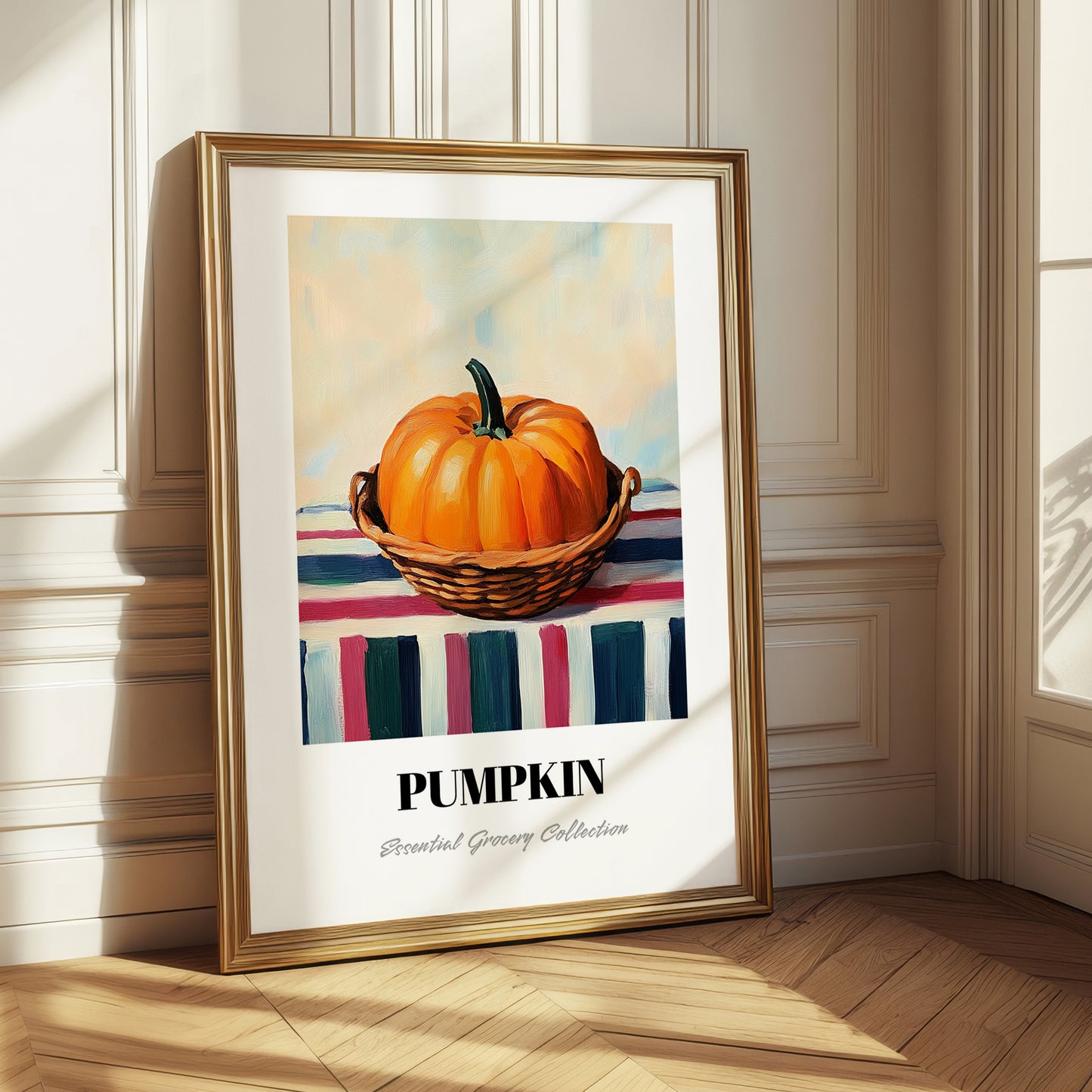 Pumpkin – on Striped Tablecloth, Vegetable Print