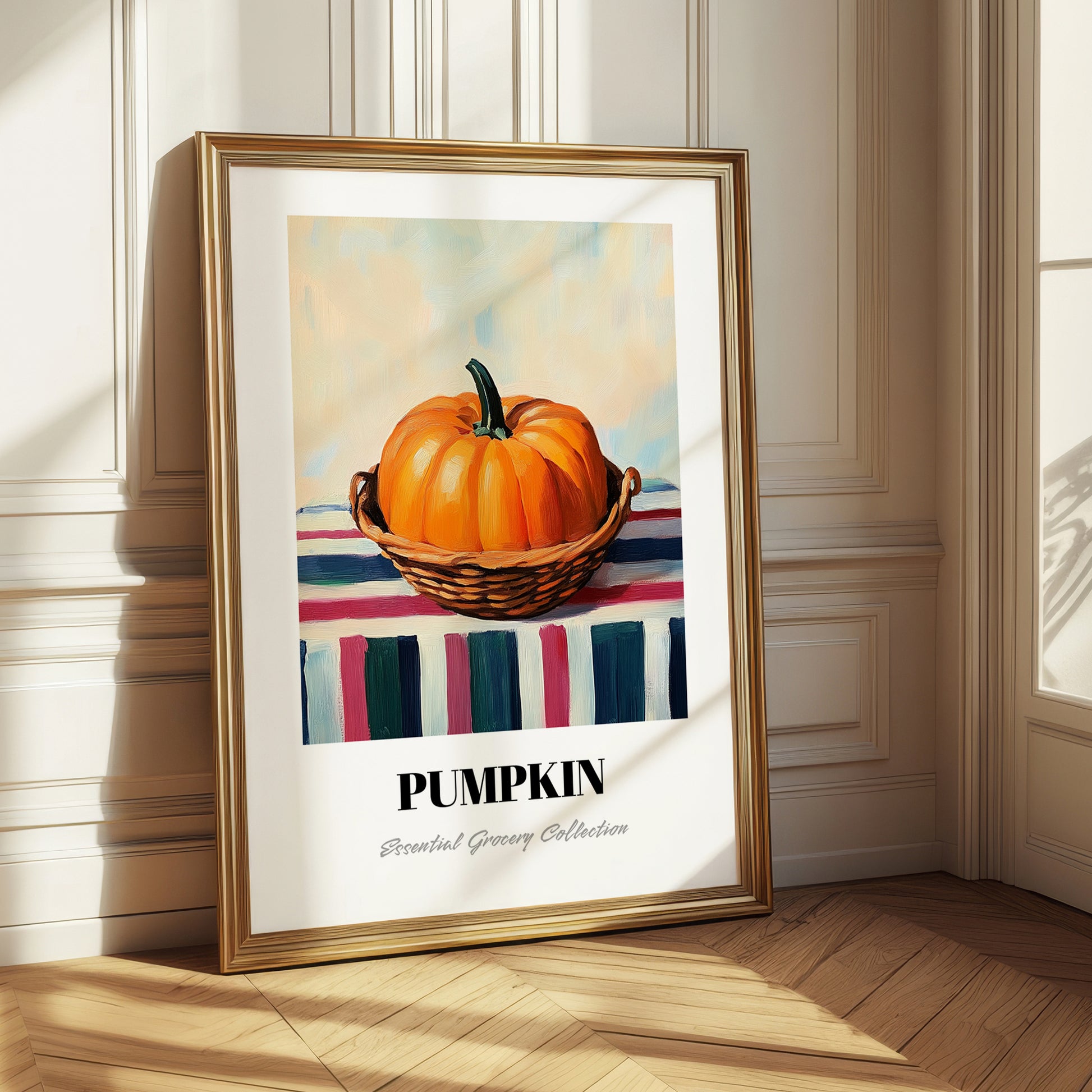 Pumpkin – on Striped Tablecloth, Vegetable Print