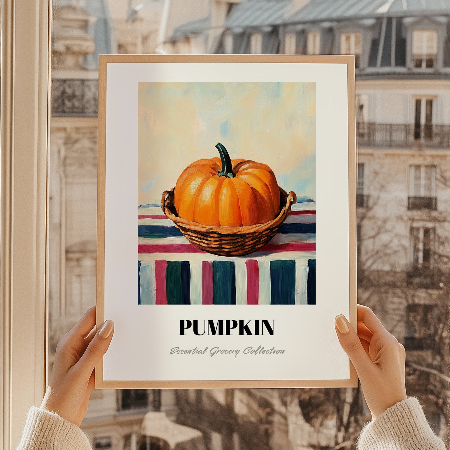 Pumpkin – on Striped Tablecloth, Vegetable Print, styled in a charming Paris street view