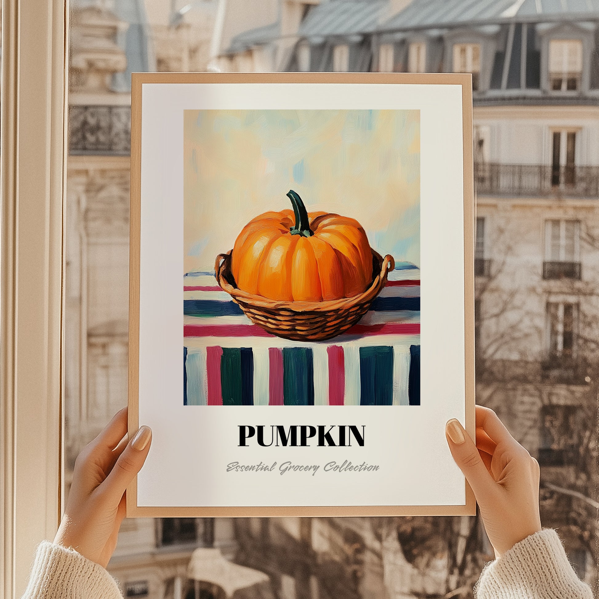 Pumpkin – on Striped Tablecloth, Vegetable Print, styled in a charming Paris street view