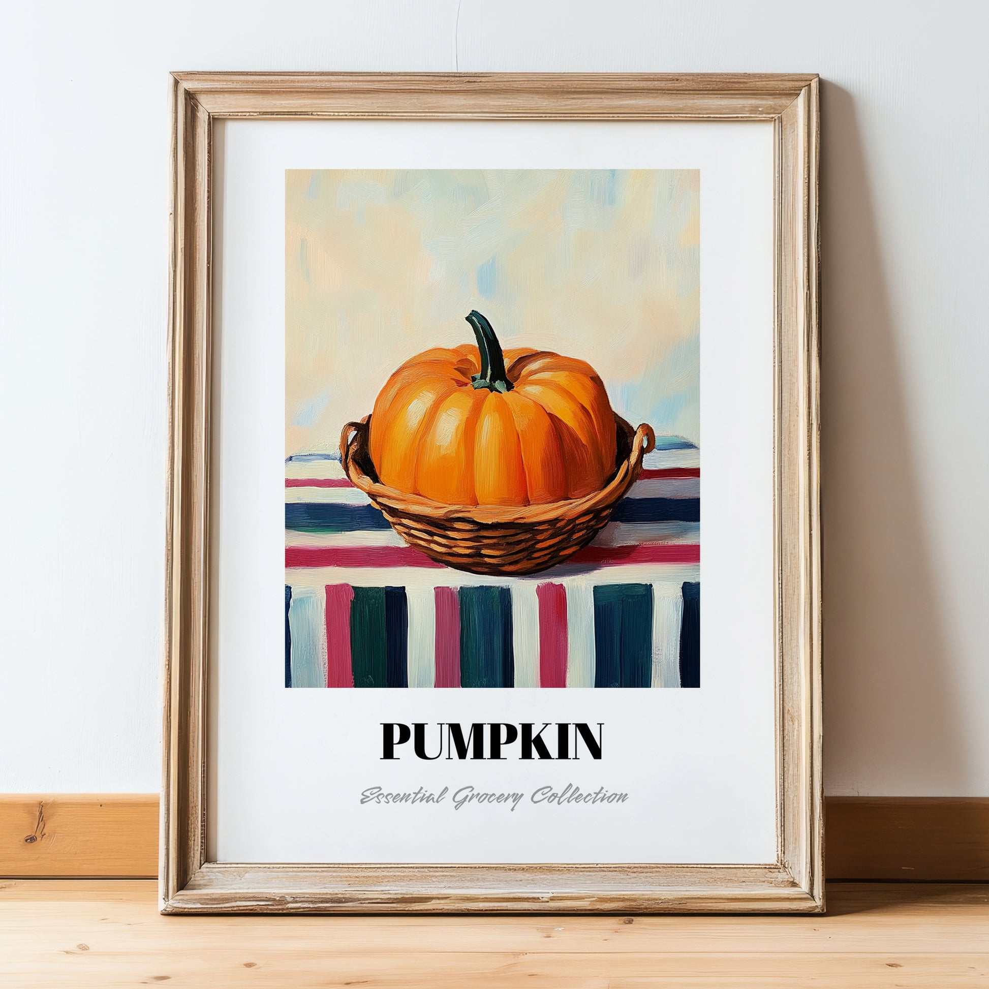Pumpkin – on Striped Tablecloth, Vegetable Print, in wooden frame leaning on the floor
