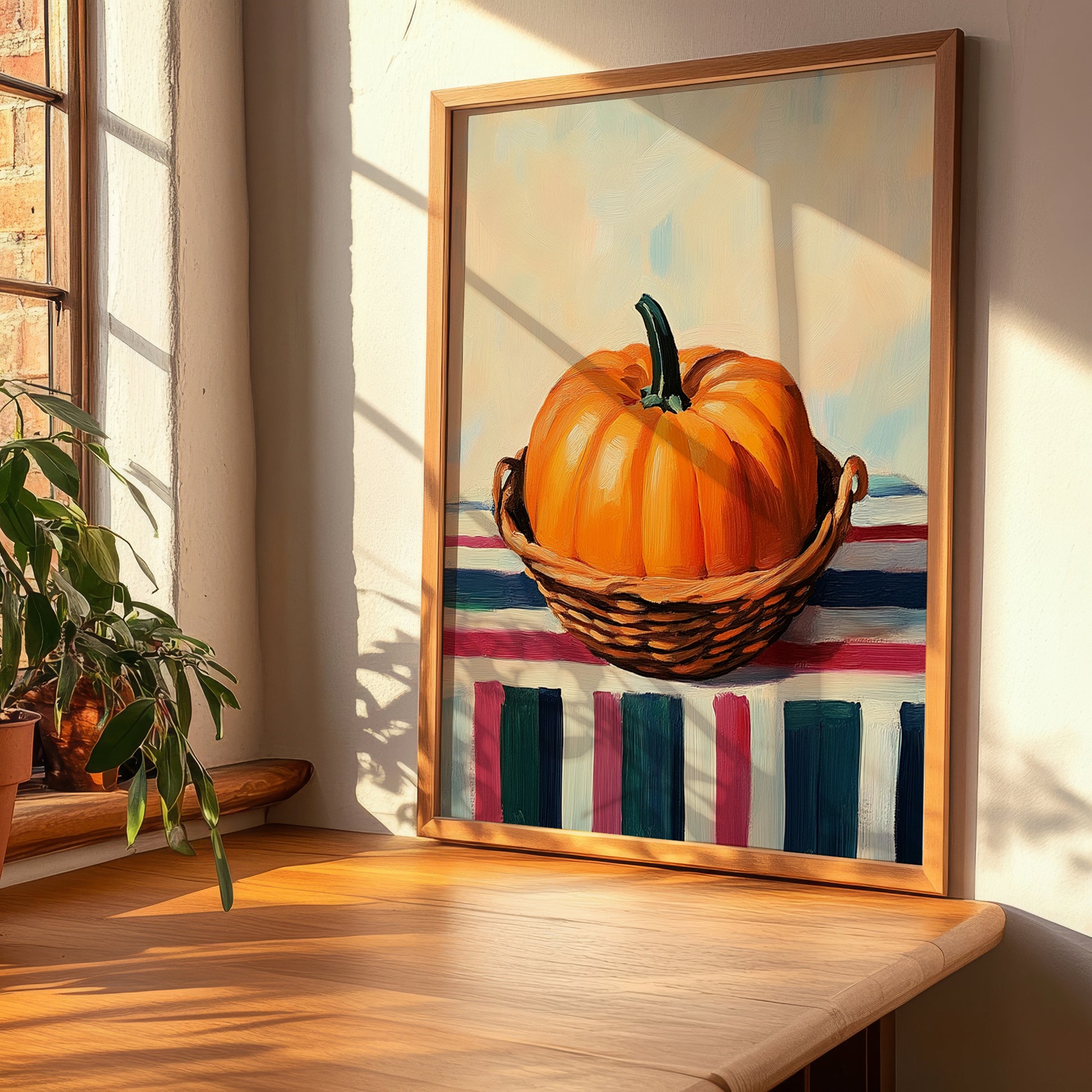 Pumpkin – on Striped Tablecloth, Vegetable Print, clean layout with no caption