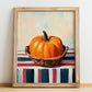 Pumpkin – on Striped Tablecloth, Vegetable Print, no-text version framed in wood