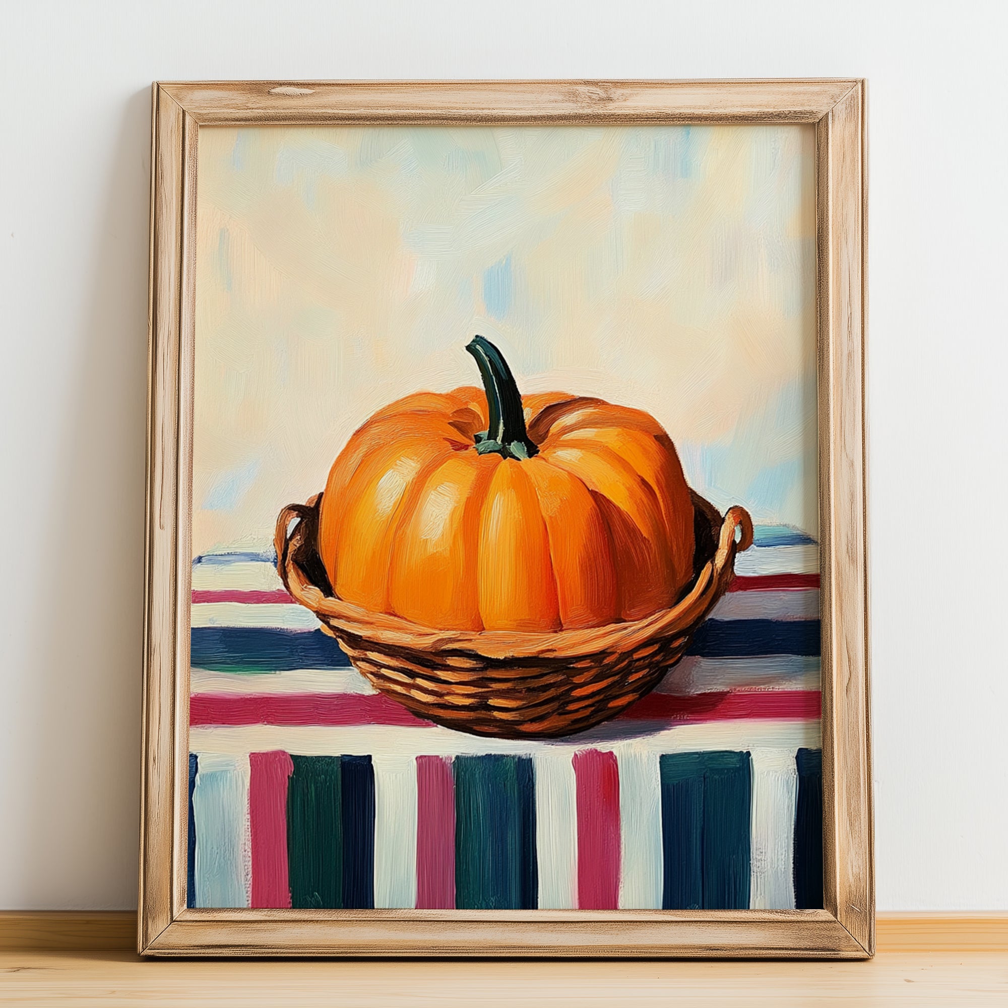 Pumpkin – on Striped Tablecloth, Vegetable Print, no-text version framed in wood