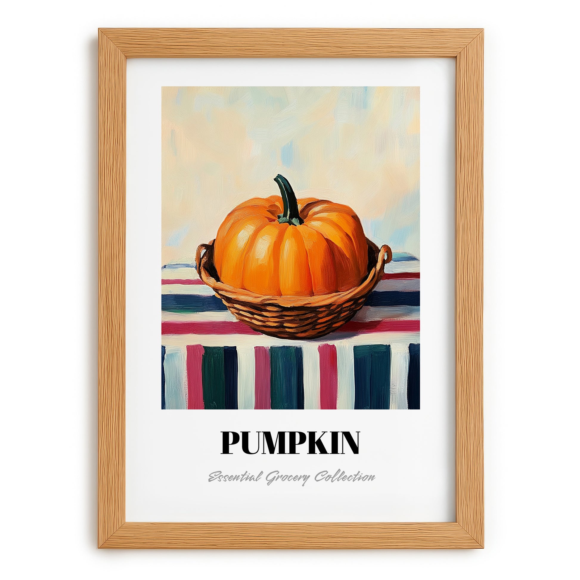 Pumpkin – on Striped Tablecloth, Vegetable Print, set in oak frame