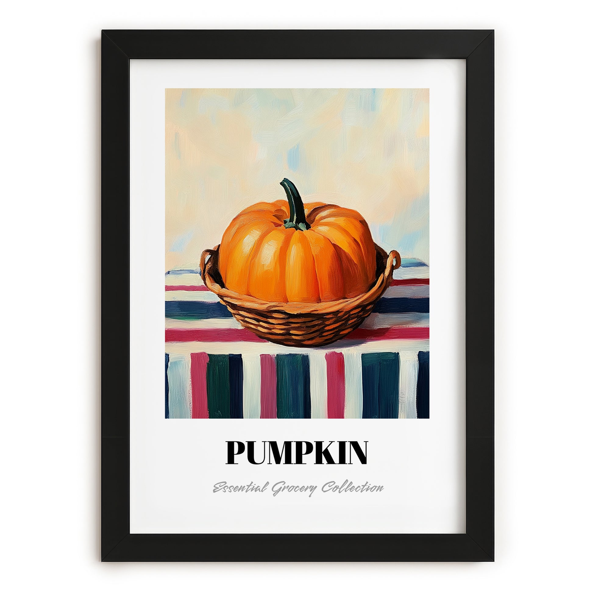 Pumpkin – on Striped Tablecloth, Vegetable Print, in sleek black frame