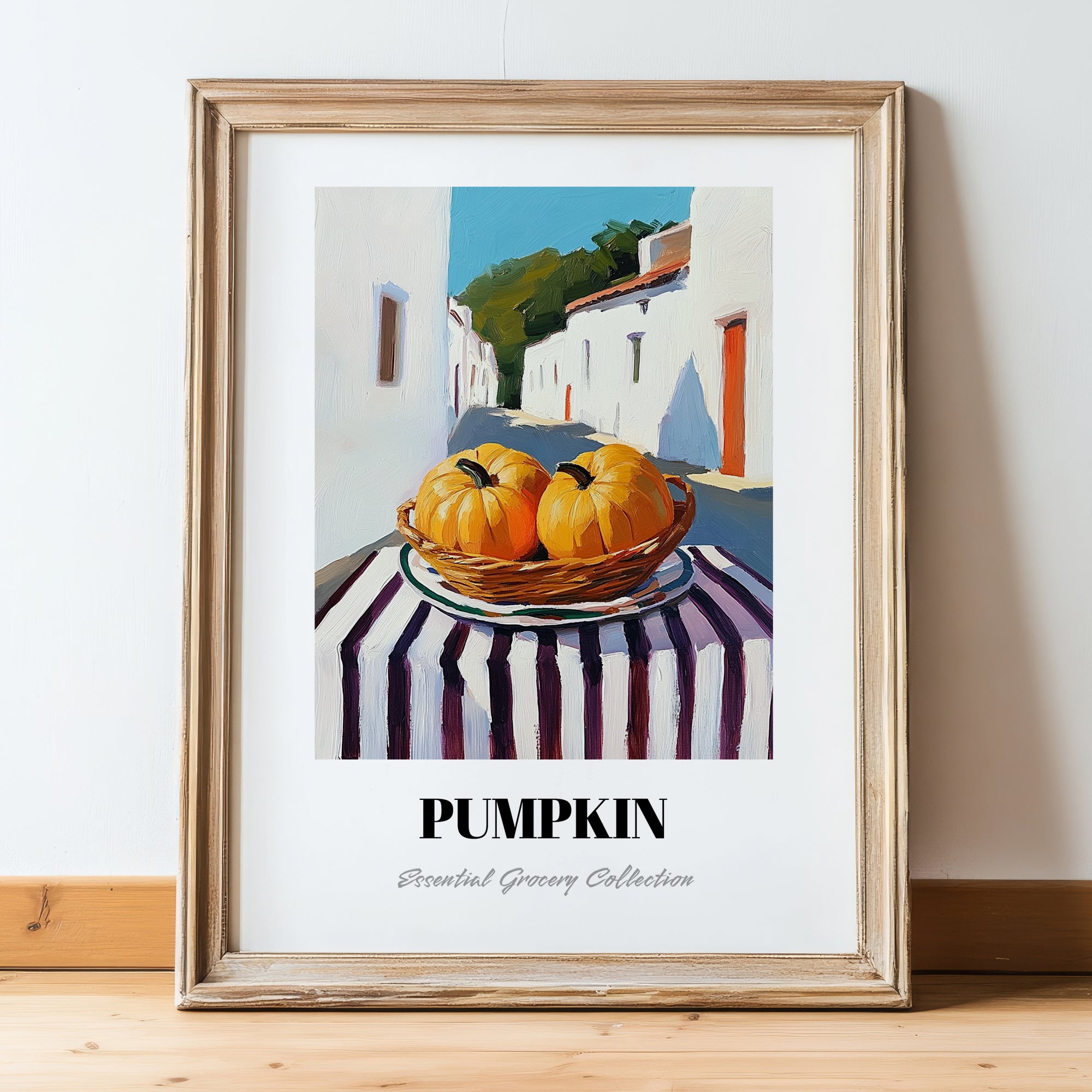 Pumpkin – White village Café on the Corner, Vegetable Still Life, in wooden frame leaning on the floor