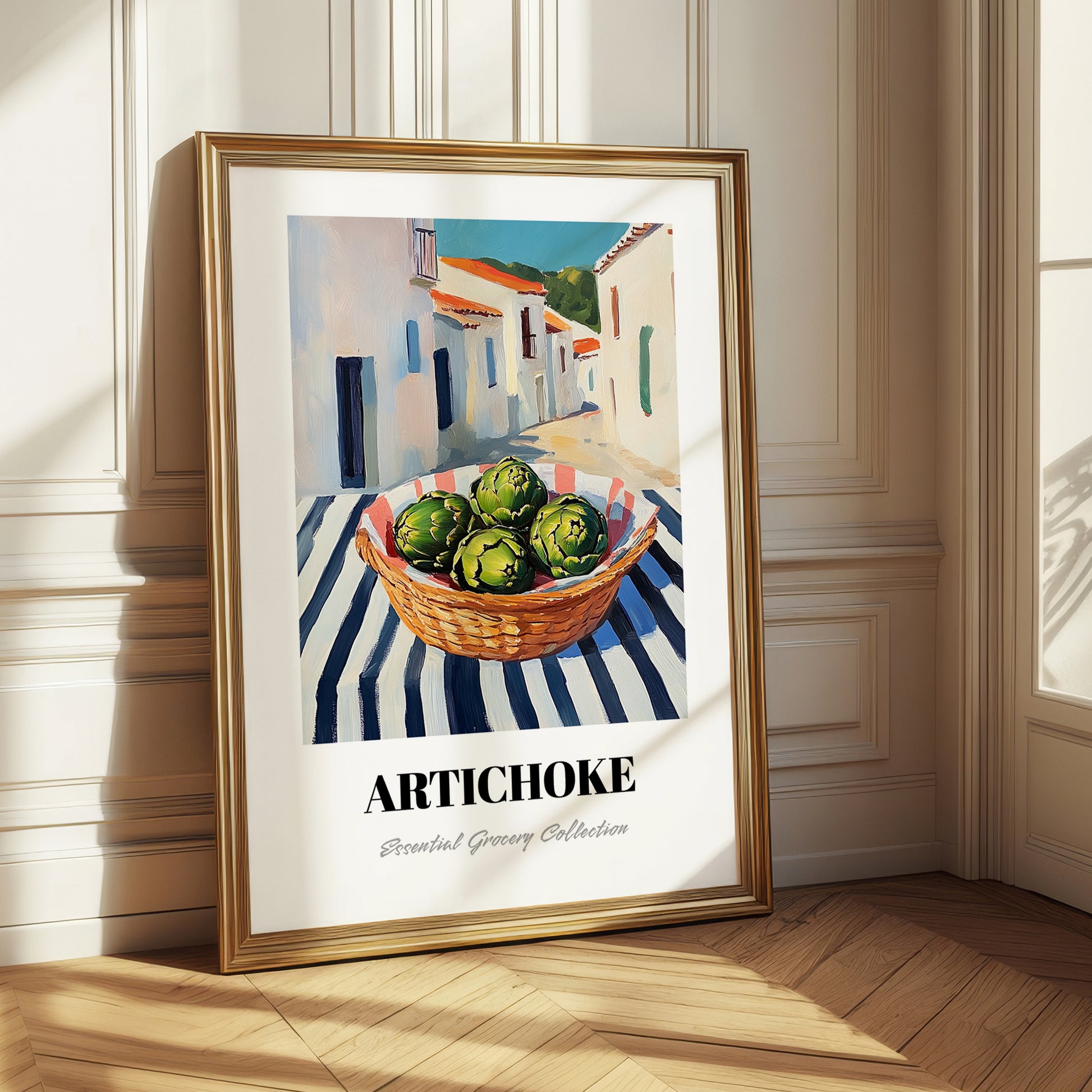 Artichoke – White village Urban Café Scene, Vegetable Print