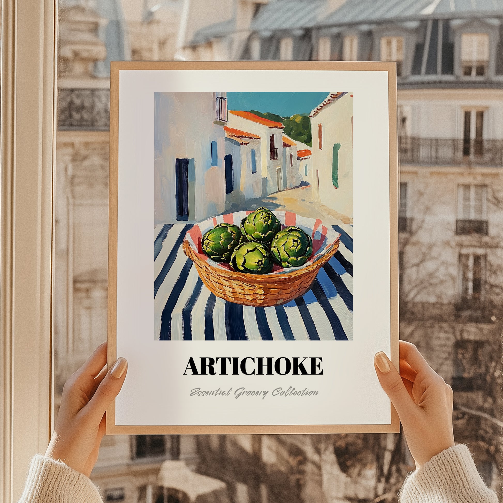 Artichoke – White village Urban Café Scene, Vegetable Print, styled in a charming Paris street view
