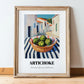 Artichoke – White village Urban Café Scene, Vegetable Print, in wooden frame leaning on the floor