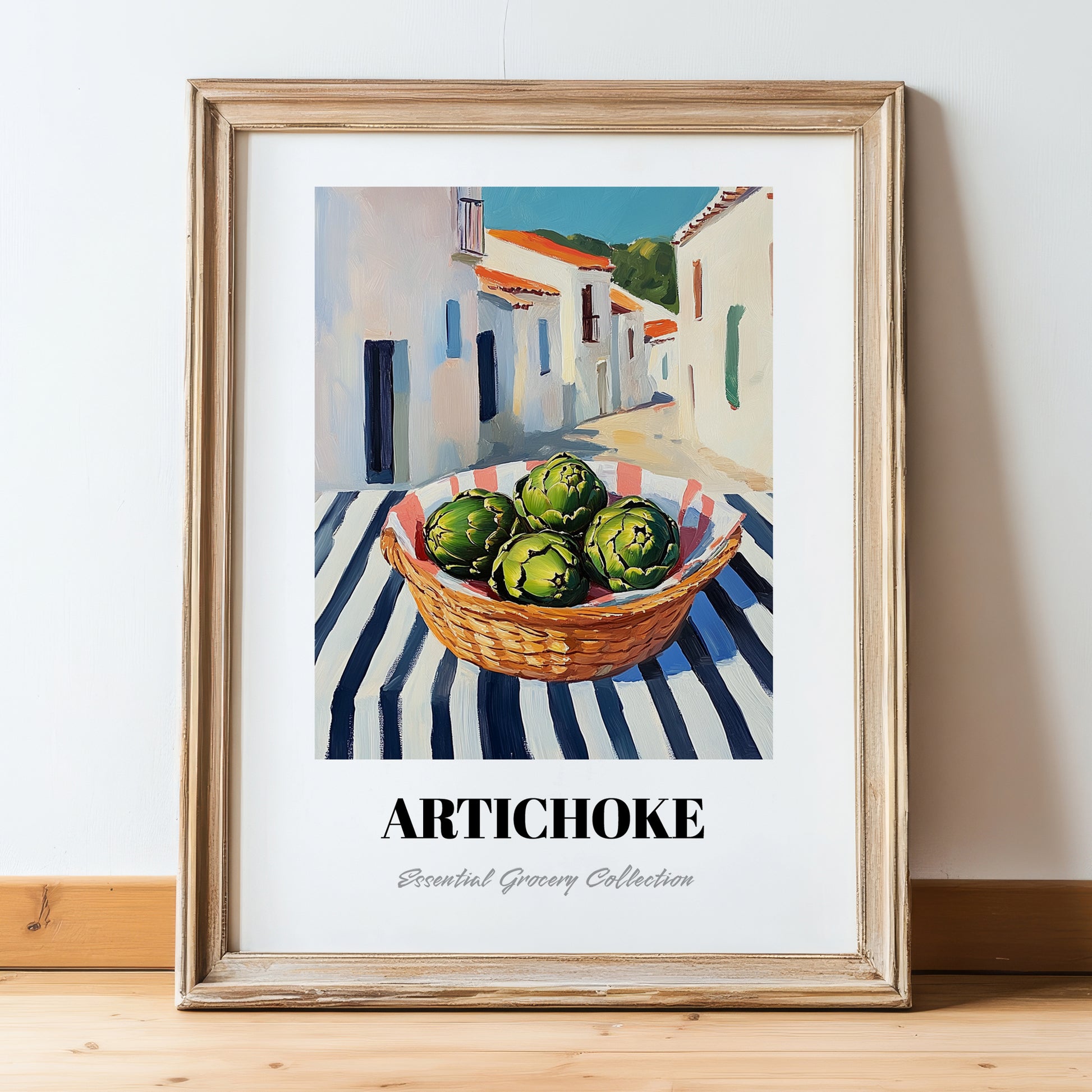 Artichoke – White village Urban Café Scene, Vegetable Print, in wooden frame leaning on the floor