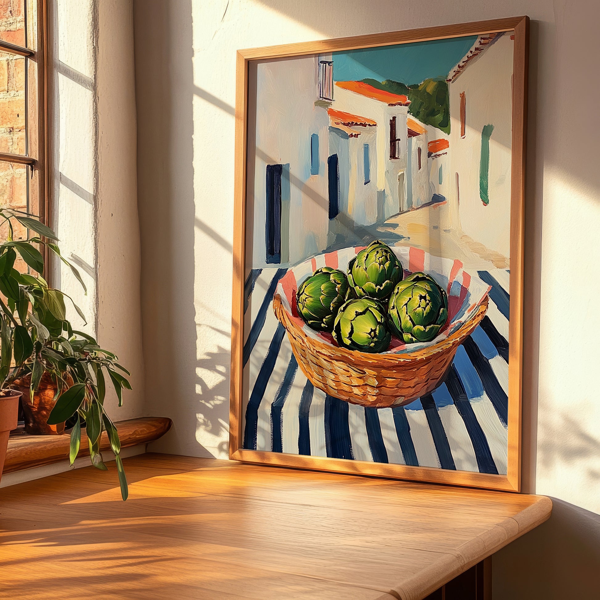 Artichoke – White village Urban Café Scene, Vegetable Print, clean layout with no caption