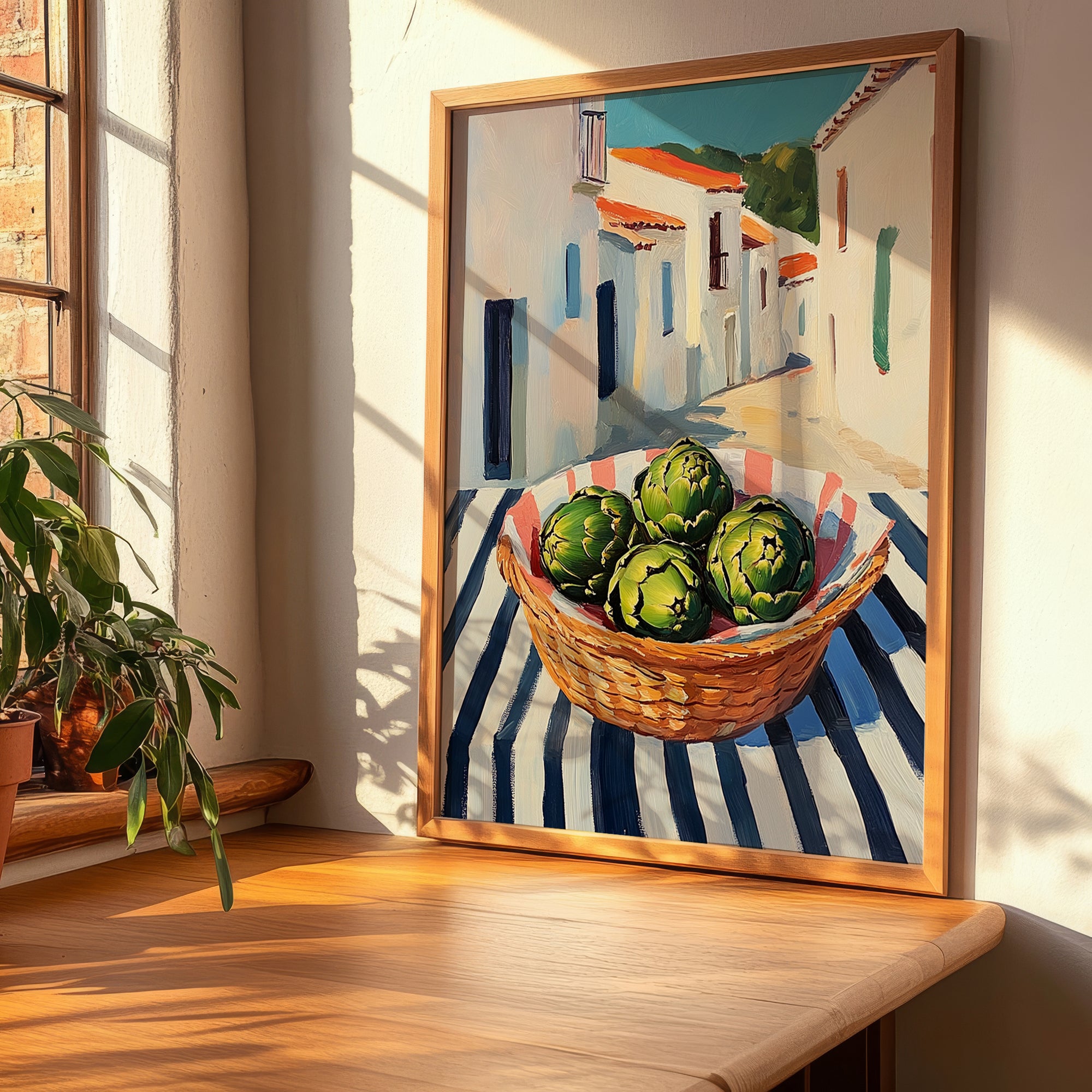 Artichoke – White village Urban Café Scene, Vegetable Print, clean layout with no caption