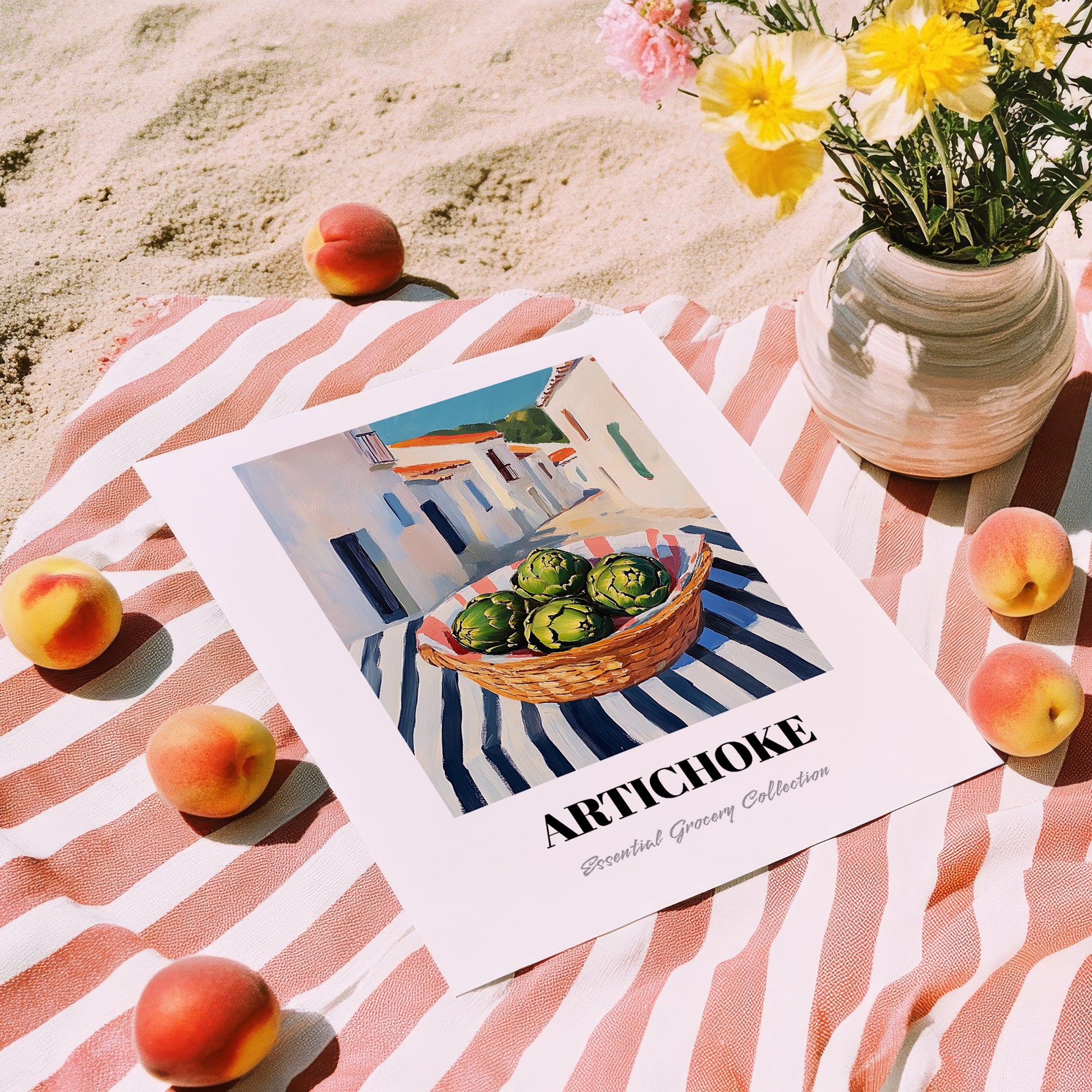 Artichoke – White village Urban Café Scene, Vegetable Print, unframed on coastal sand