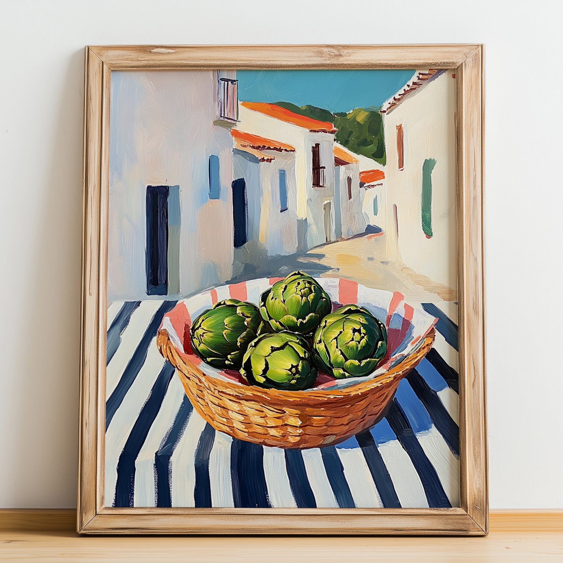 Artichoke – White village Urban Café Scene, Vegetable Print, no-text version framed in wood