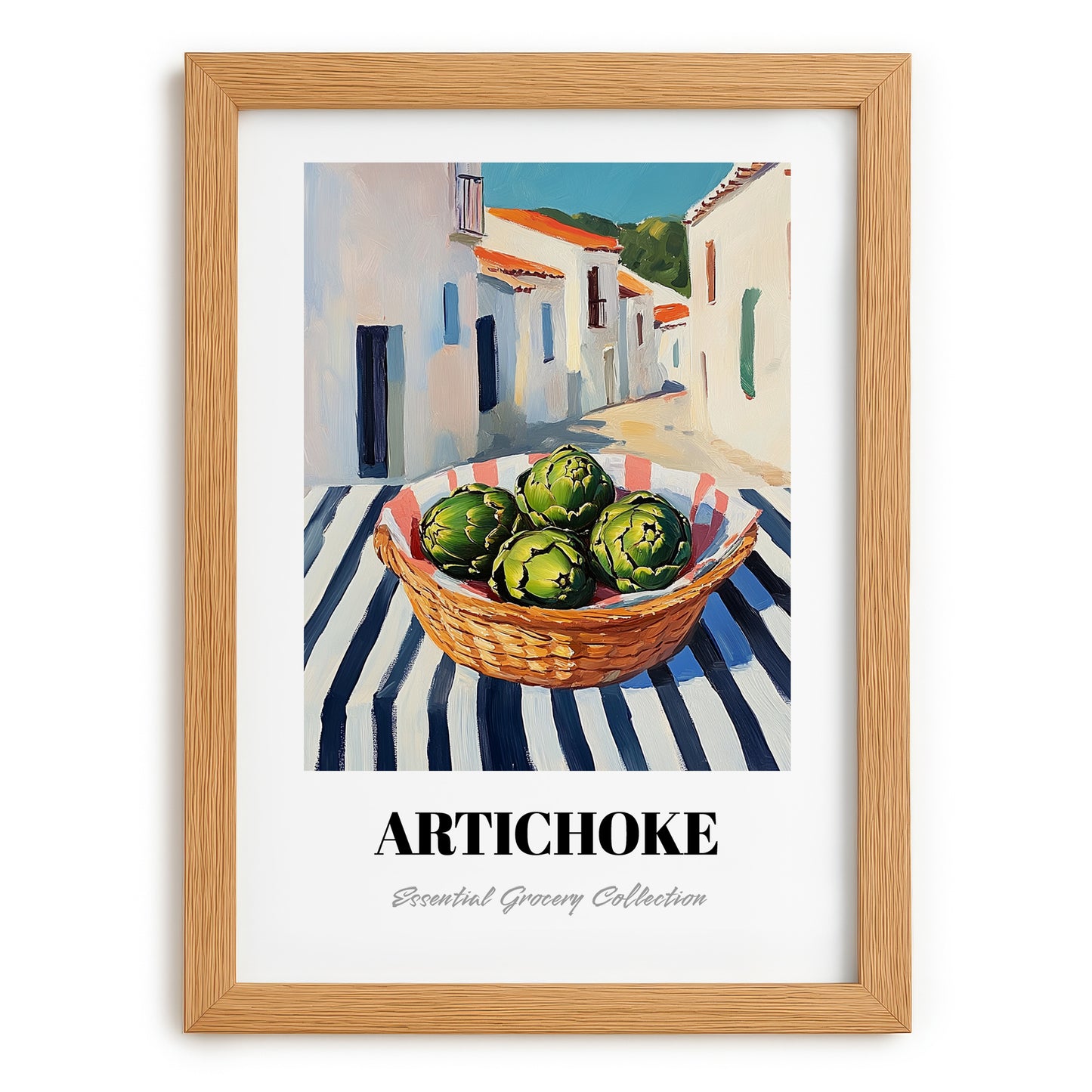 Artichoke – White village Urban Café Scene, Vegetable Print, set in oak frame