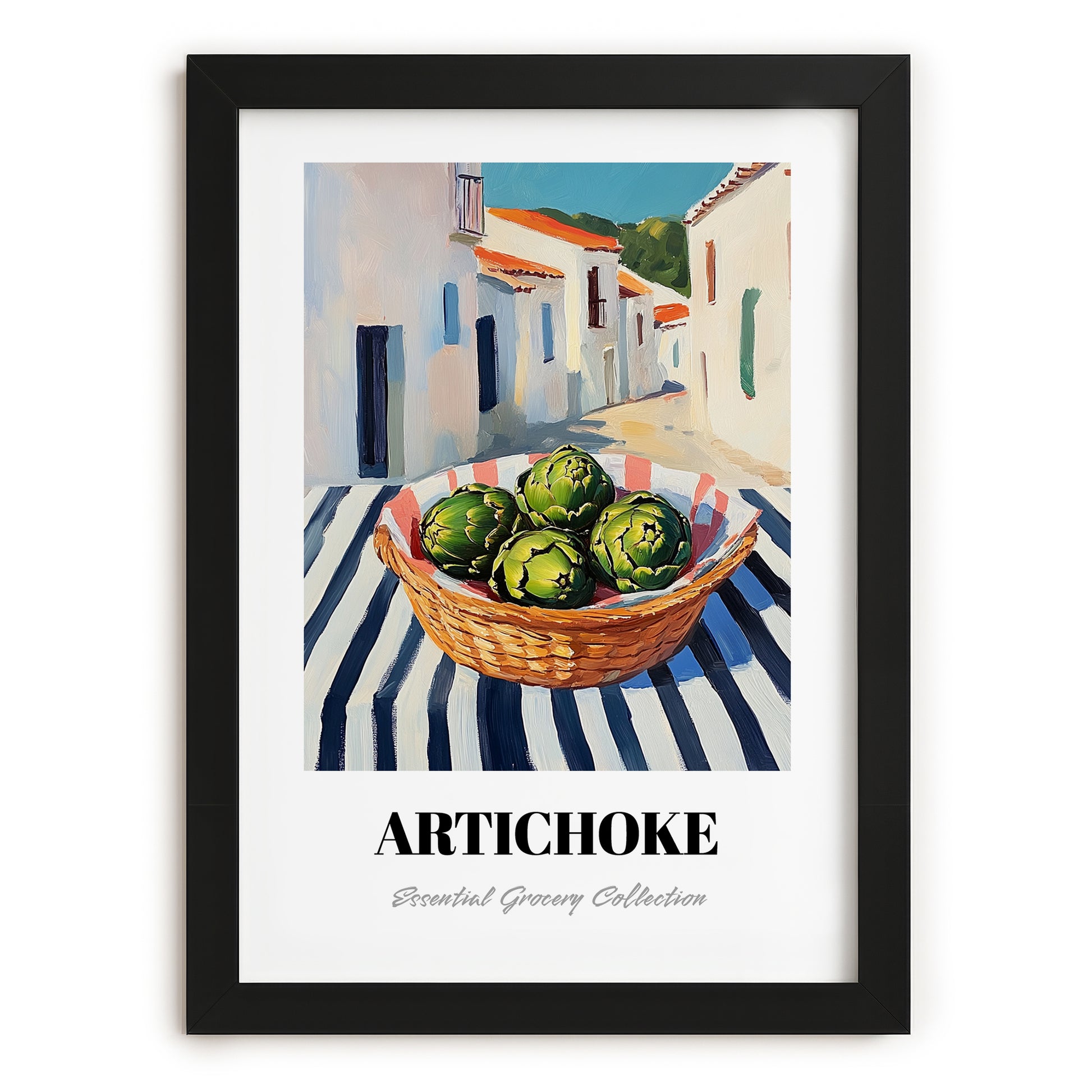 Artichoke – White village Urban Café Scene, Vegetable Print, in sleek black frame