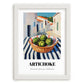 Artichoke – White village Urban Café Scene, Vegetable Print, placed in minimal white frame