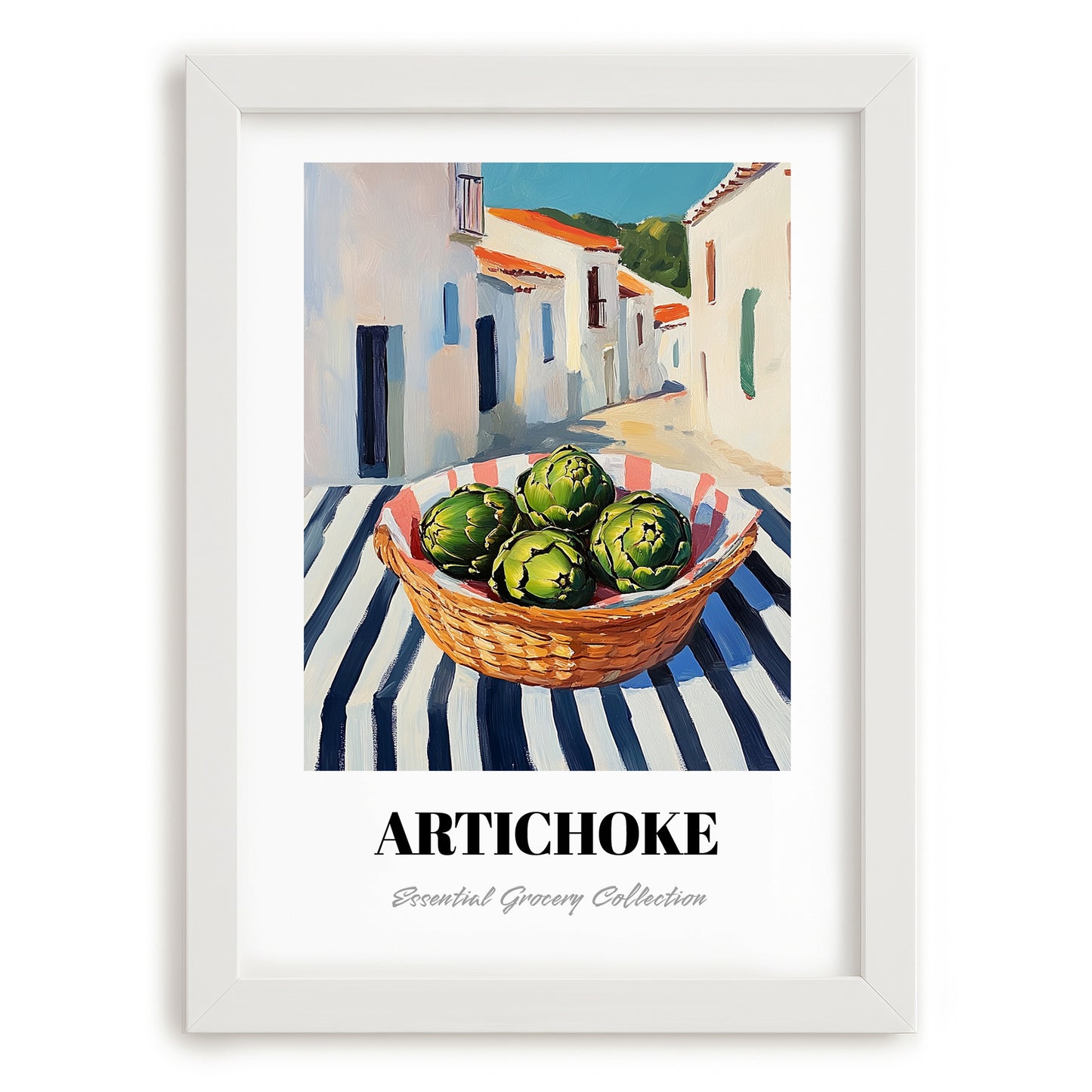 Artichoke – White village Urban Café Scene, Vegetable Print, placed in minimal white frame