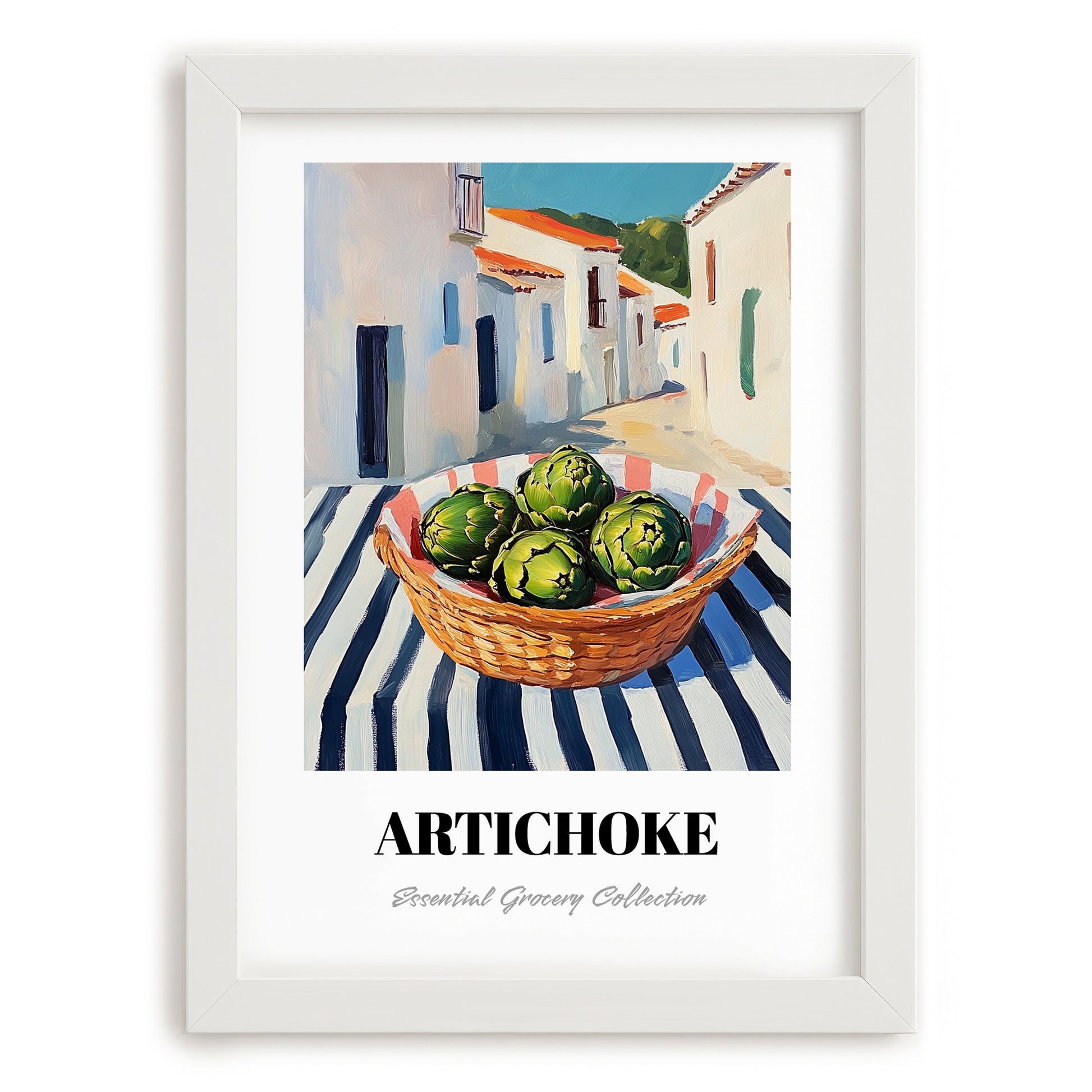 Artichoke – White village Urban Café Scene, Vegetable Print, placed in minimal white frame