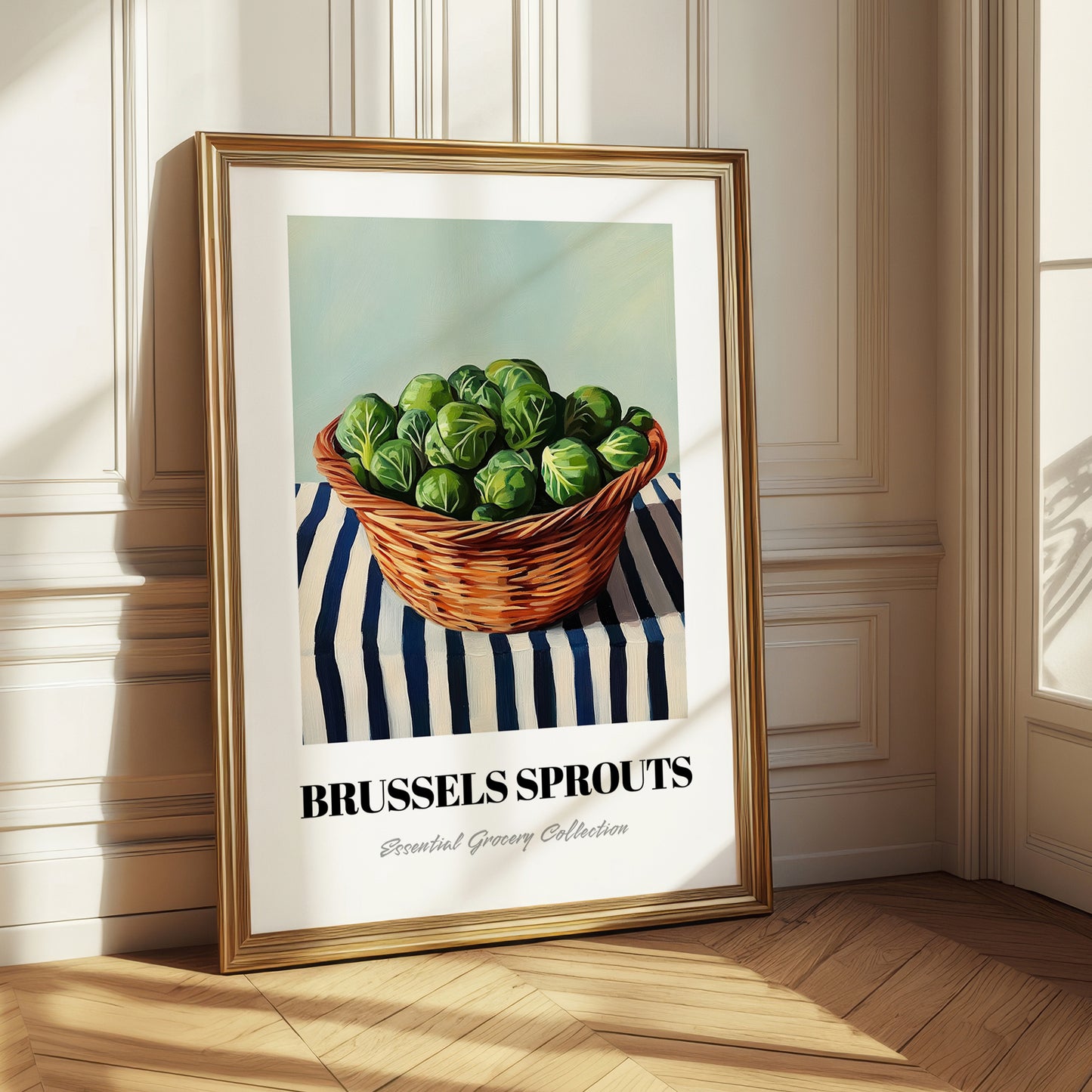 Brussels Sprouts – on Striped Tablecloth, Vegetable Poster