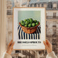 Brussels Sprouts – on Striped Tablecloth, Vegetable Poster, styled in a charming Paris street view