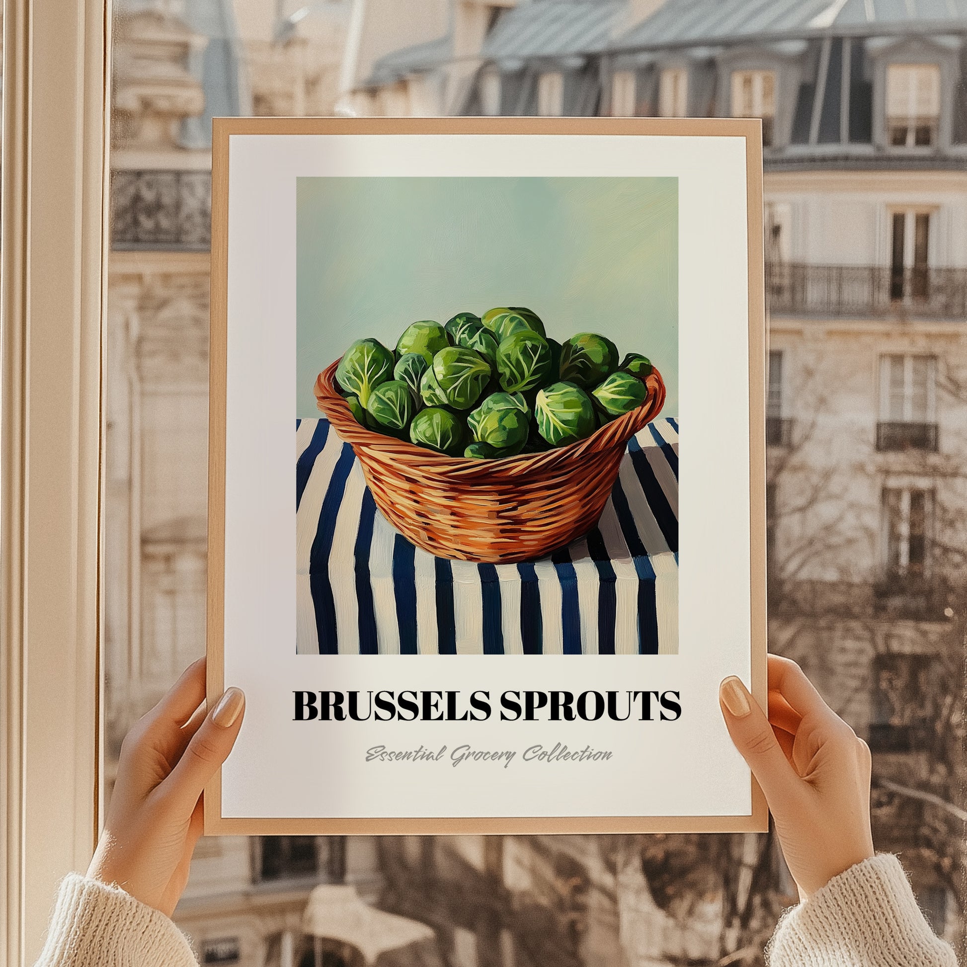 Brussels Sprouts – on Striped Tablecloth, Vegetable Poster, styled in a charming Paris street view