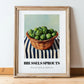 Brussels Sprouts – on Striped Tablecloth, Vegetable Poster, in wooden frame leaning on the floor
