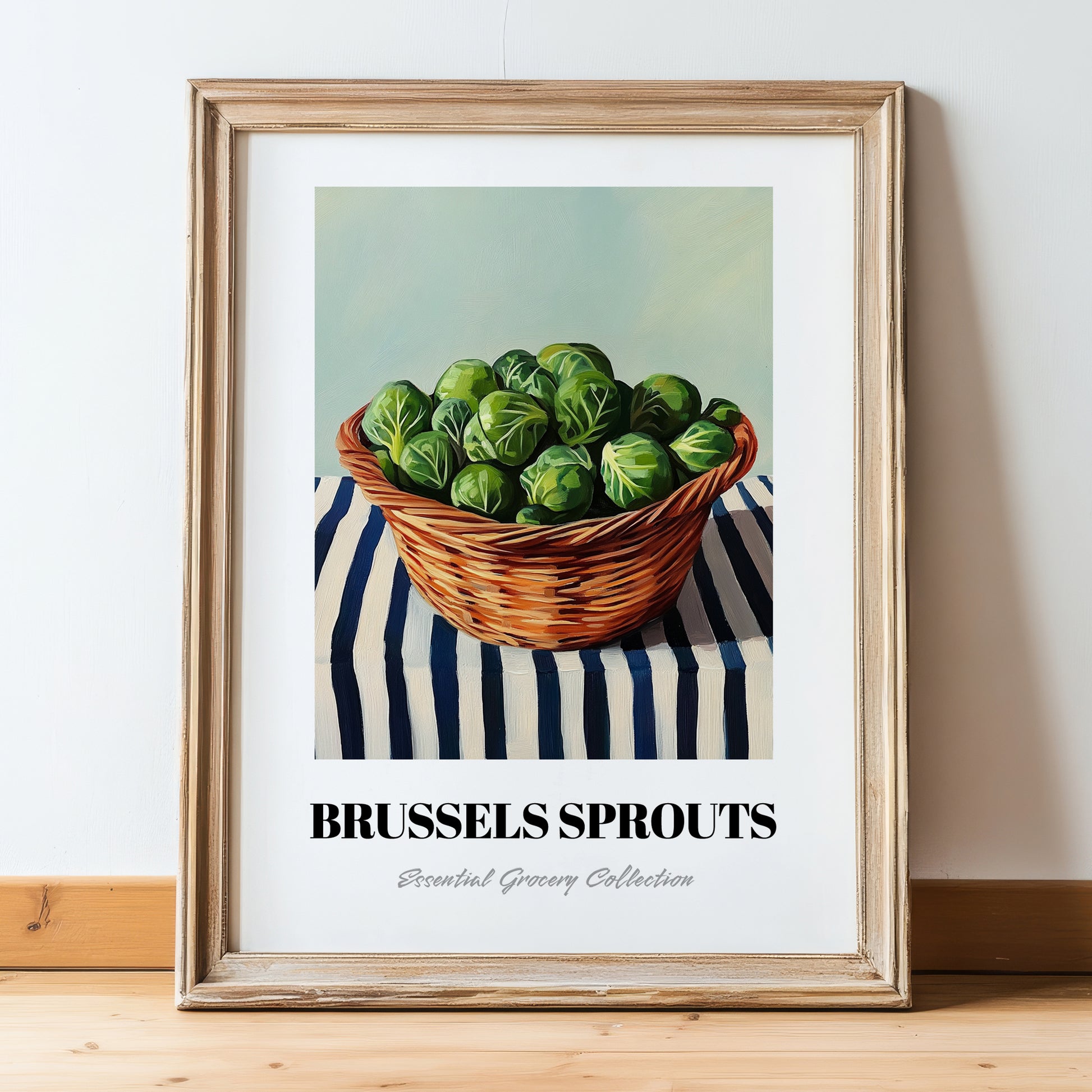 Brussels Sprouts – on Striped Tablecloth, Vegetable Poster, in wooden frame leaning on the floor