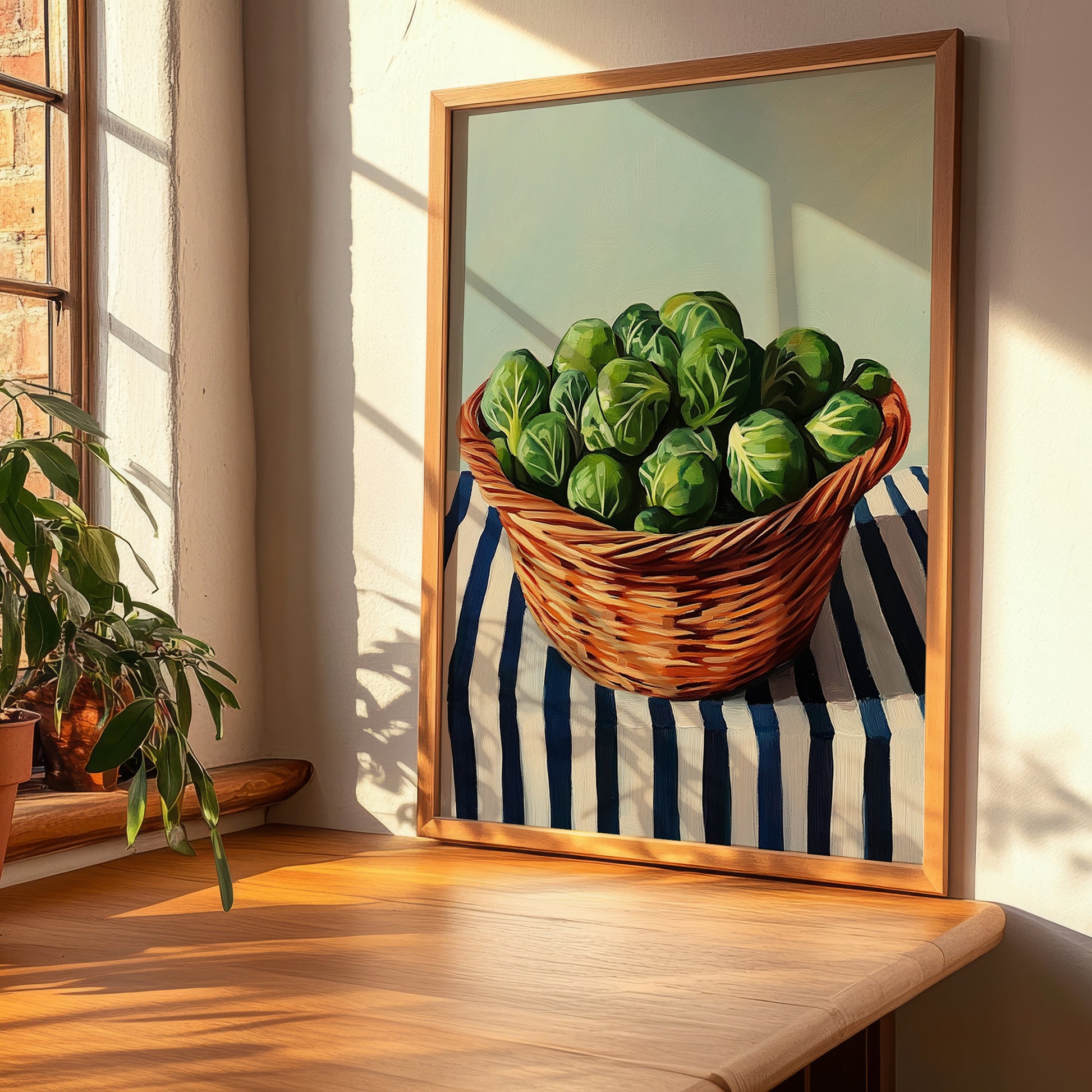 Brussels Sprouts – on Striped Tablecloth, Vegetable Poster, clean layout with no caption