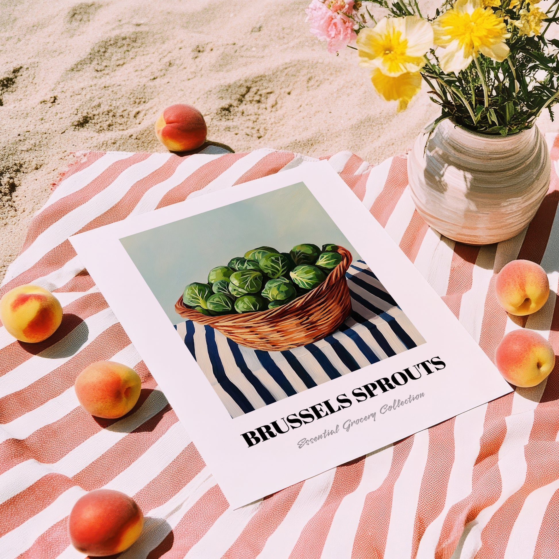 Brussels Sprouts – on Striped Tablecloth, Vegetable Poster, unframed on coastal sand