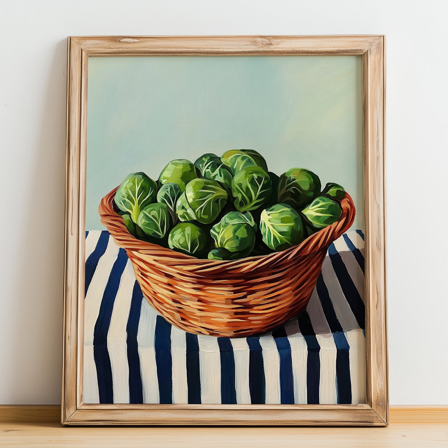 Brussels Sprouts – on Striped Tablecloth, Vegetable Poster, no-text version framed in wood