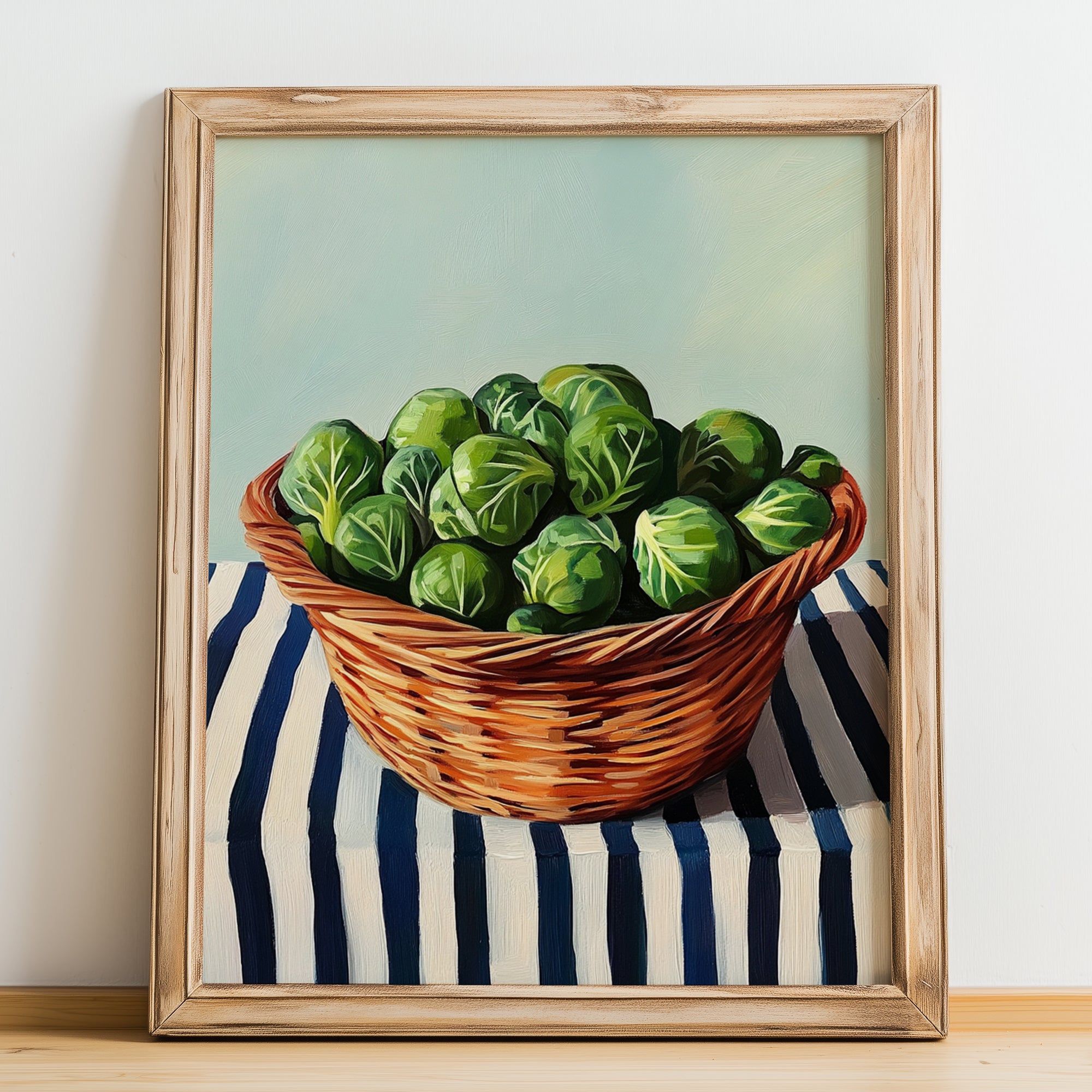 Brussels Sprouts – on Striped Tablecloth, Vegetable Poster, no-text version framed in wood