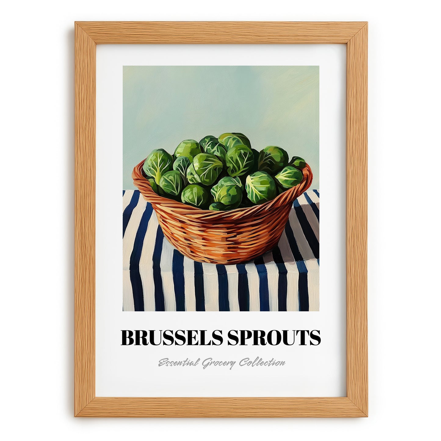 Brussels Sprouts – on Striped Tablecloth, Vegetable Poster, set in oak frame