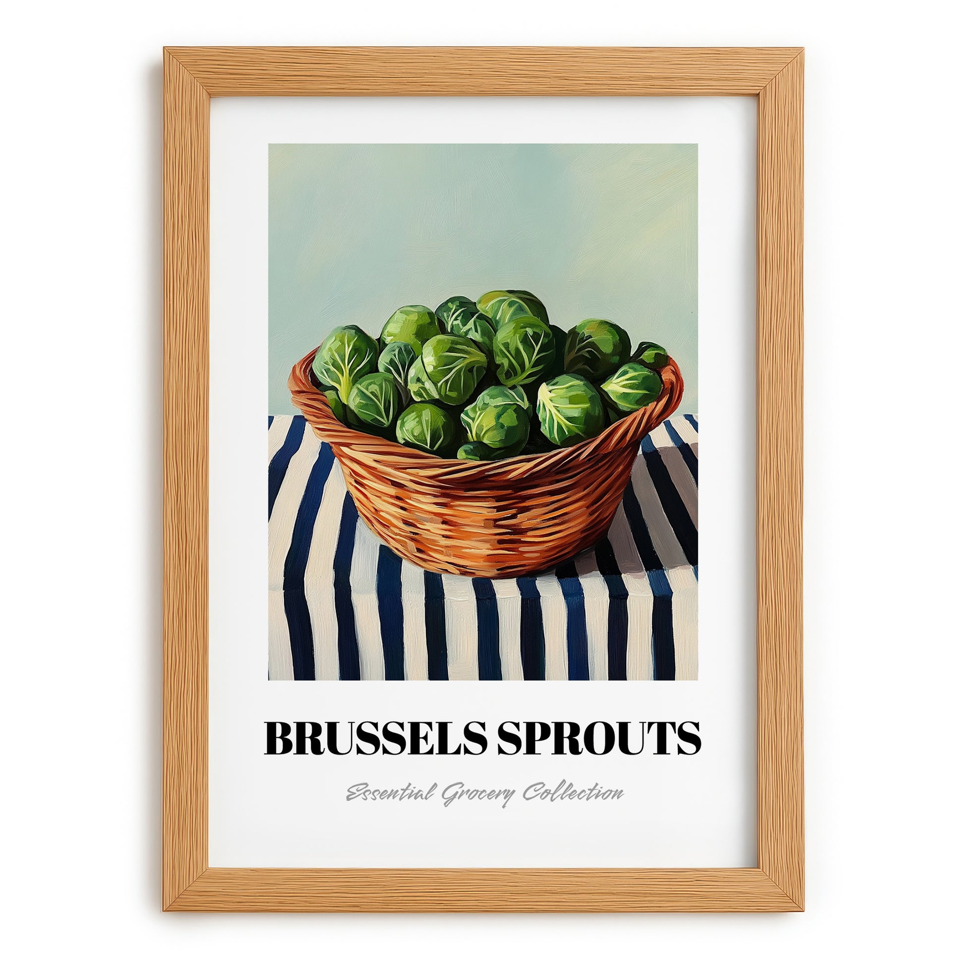 Brussels Sprouts – on Striped Tablecloth, Vegetable Poster, set in oak frame