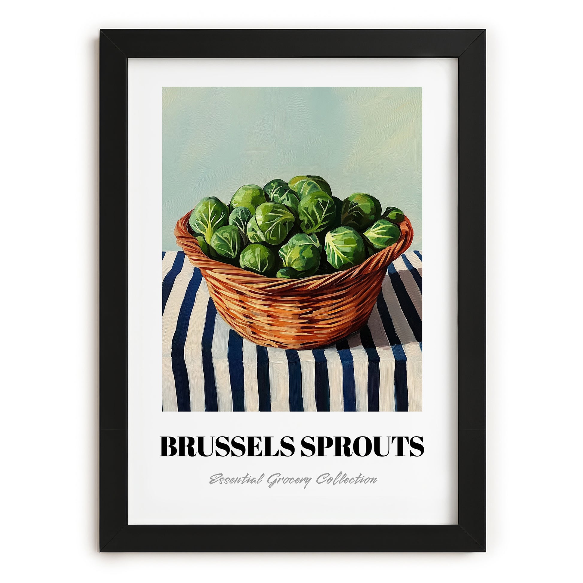 Brussels Sprouts – on Striped Tablecloth, Vegetable Poster, in sleek black frame