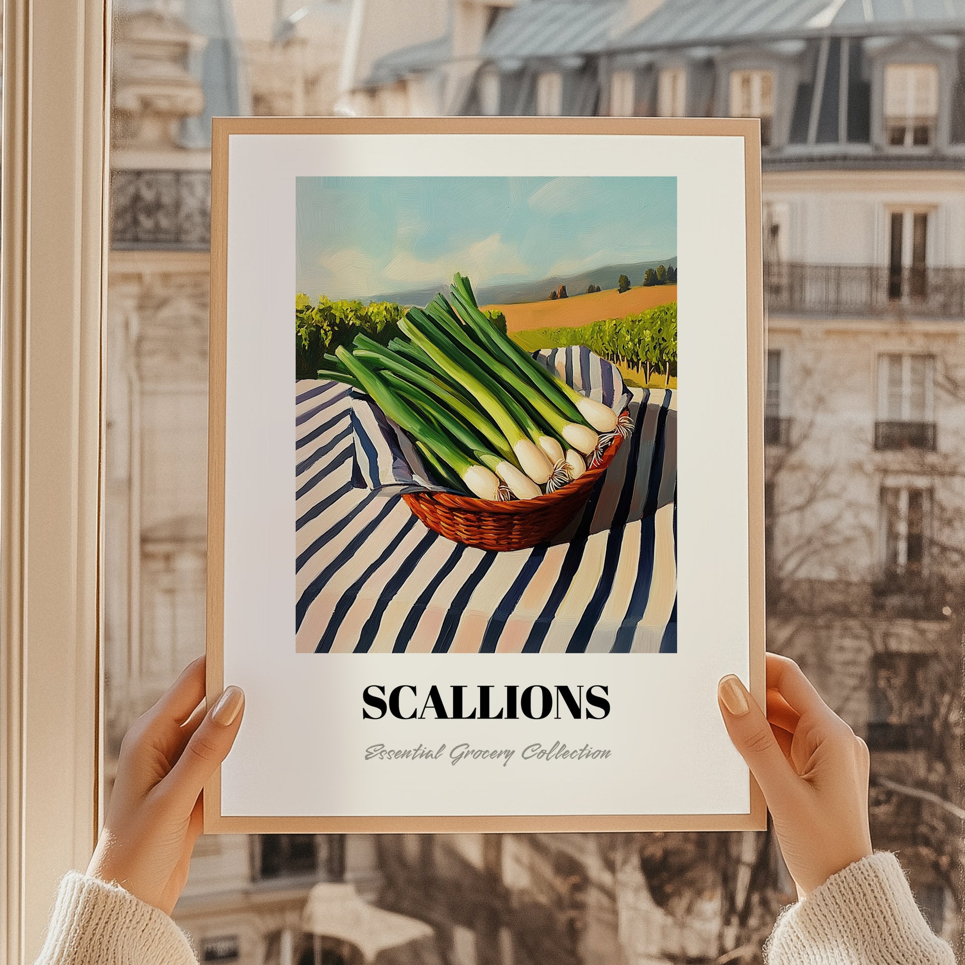 Scallions – Valley Café Scene, Vegetable Still Life, styled in a charming Paris street view