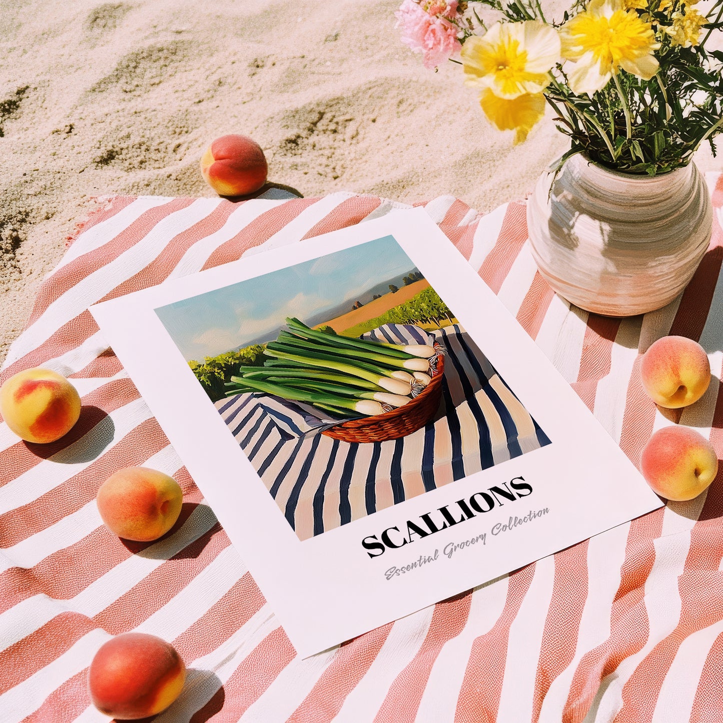 Scallions – Valley Café Scene, Vegetable Still Life, unframed on coastal sand