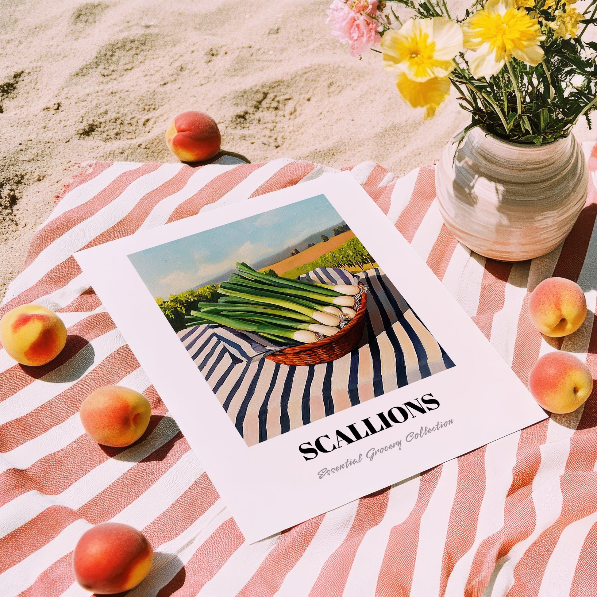 Scallions – Valley Café Scene, Vegetable Still Life, unframed on coastal sand