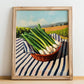 Scallions – Valley Café Scene, Vegetable Still Life, no-text version framed in wood