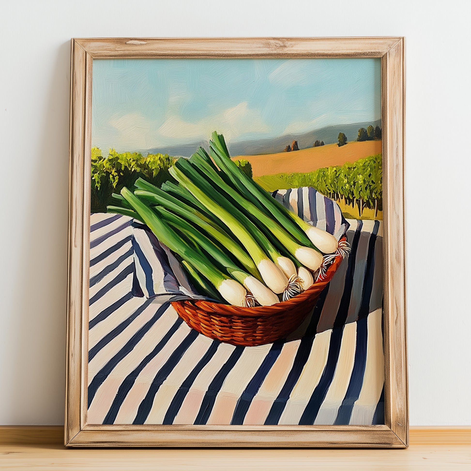 Scallions – Valley Café Scene, Vegetable Still Life, no-text version framed in wood