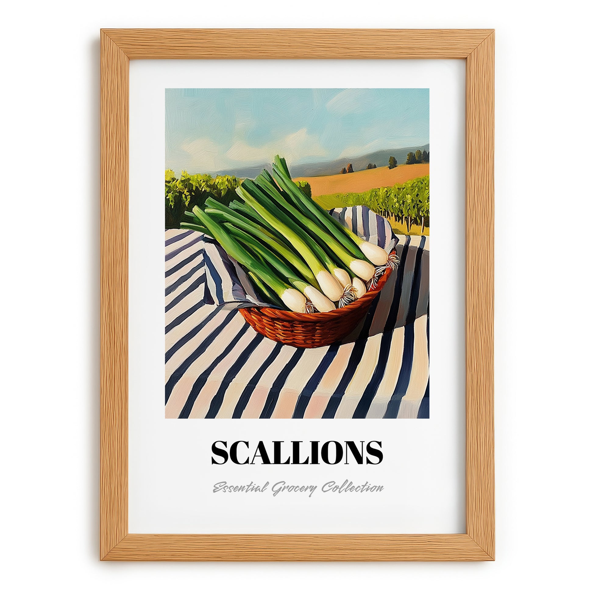 Scallions – Valley Café Scene, Vegetable Still Life, set in oak frame
