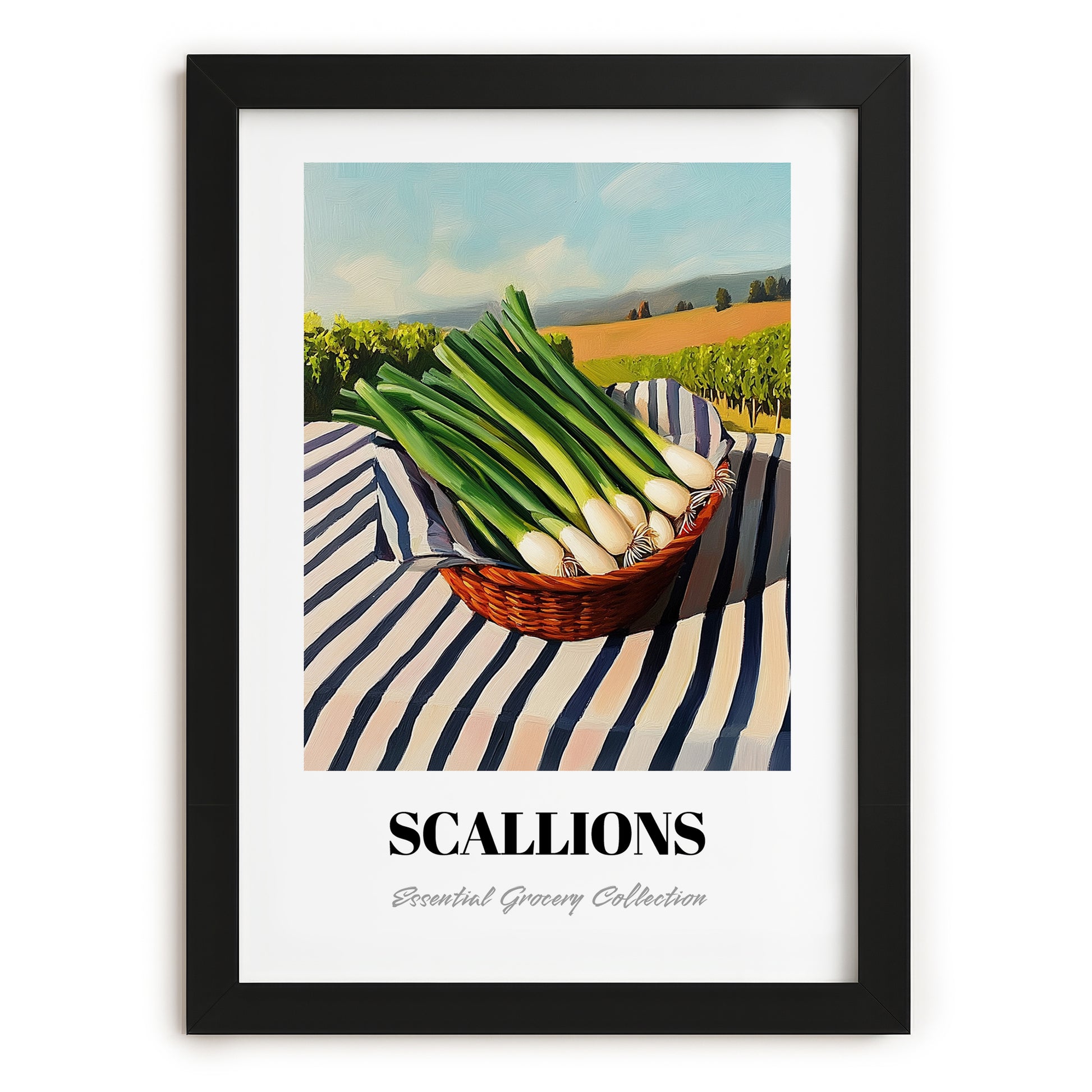Scallions – Valley Café Scene, Vegetable Still Life, in sleek black frame